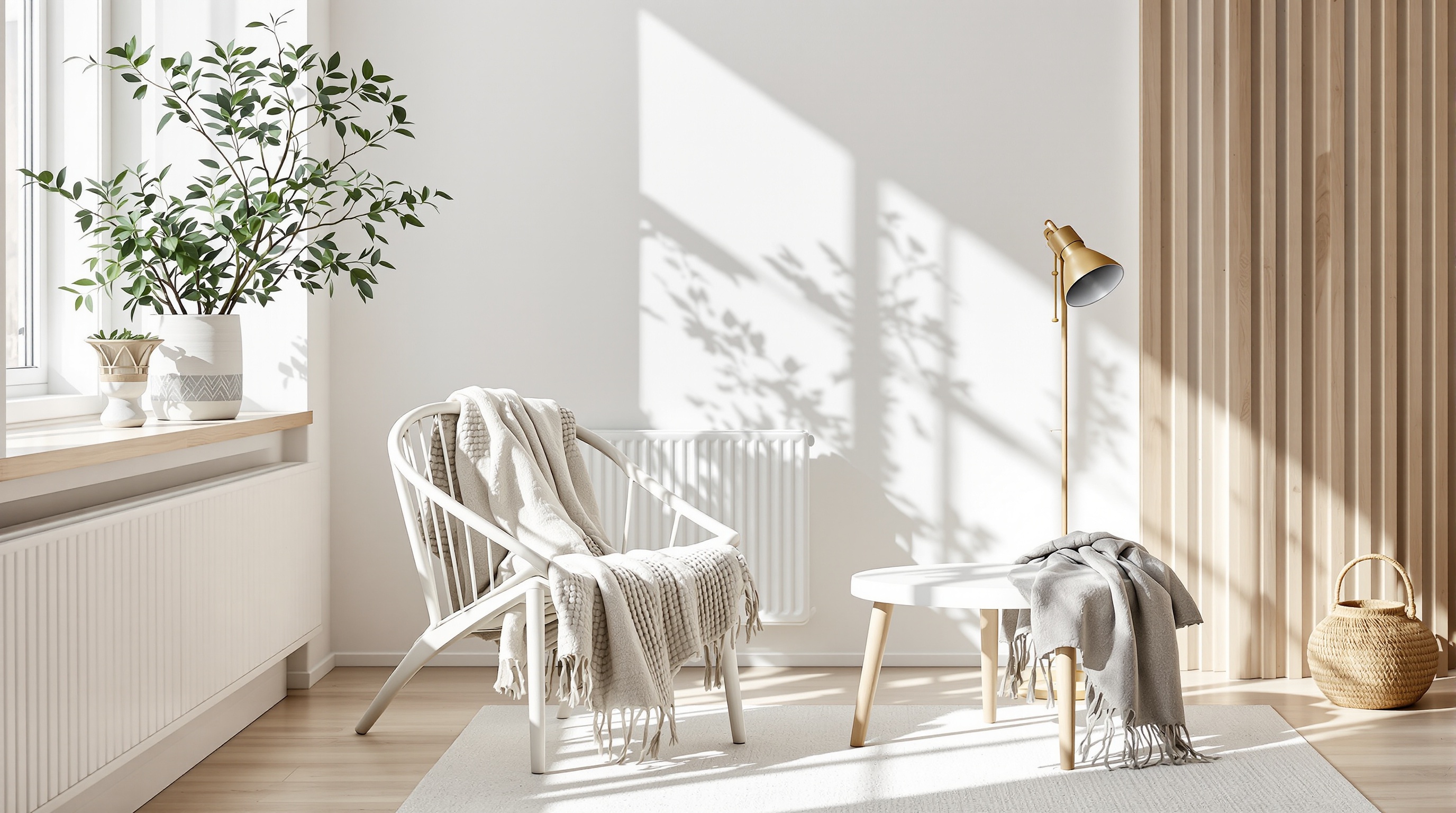 Intérieur minimaliste suédois baigné de lumière naturelle.