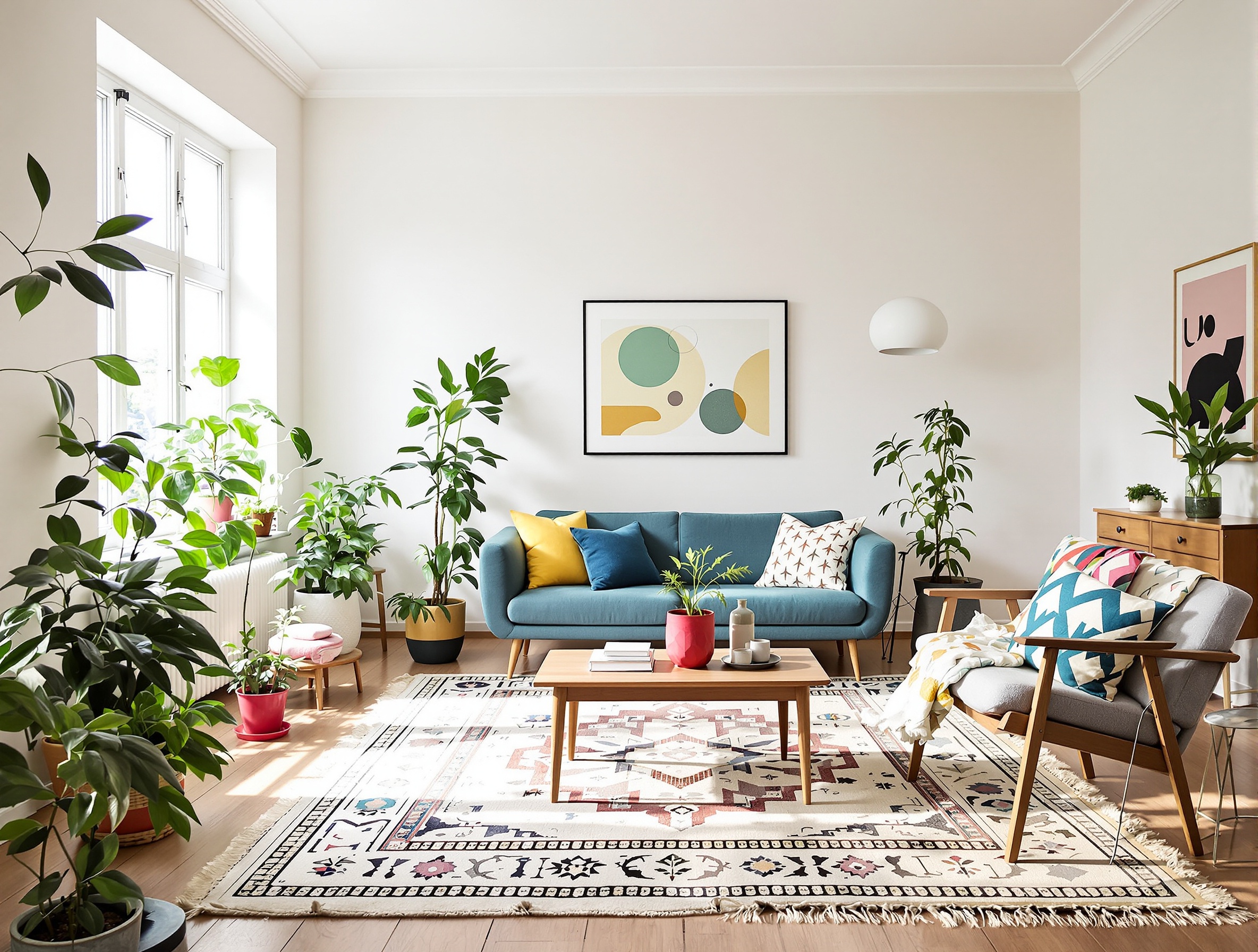 Intérieur suédois vintage lumineux, meubles iconiques et ambiance chaleureuse.
