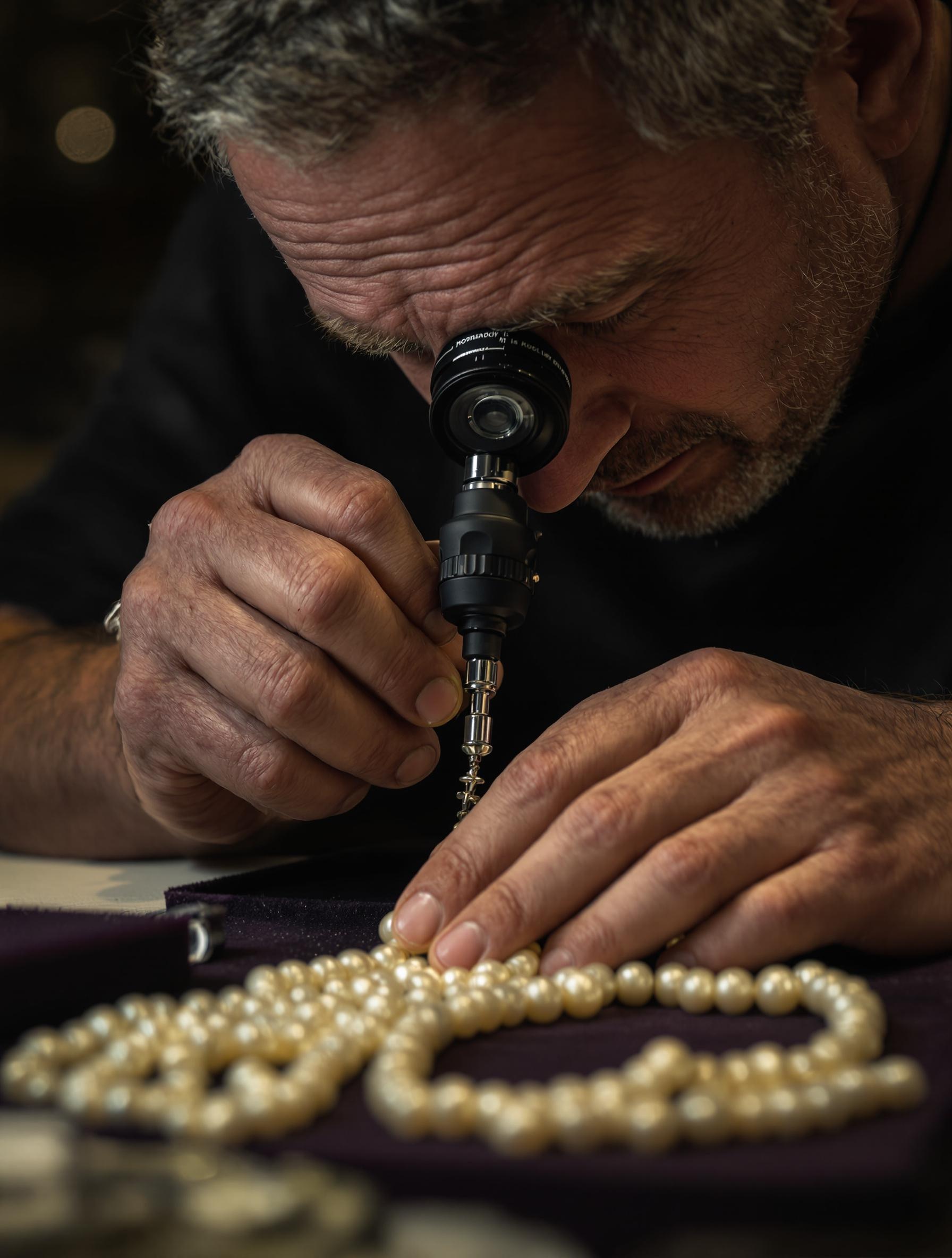 Un joaillier expert inspectant un collier de perles pour des réparations.