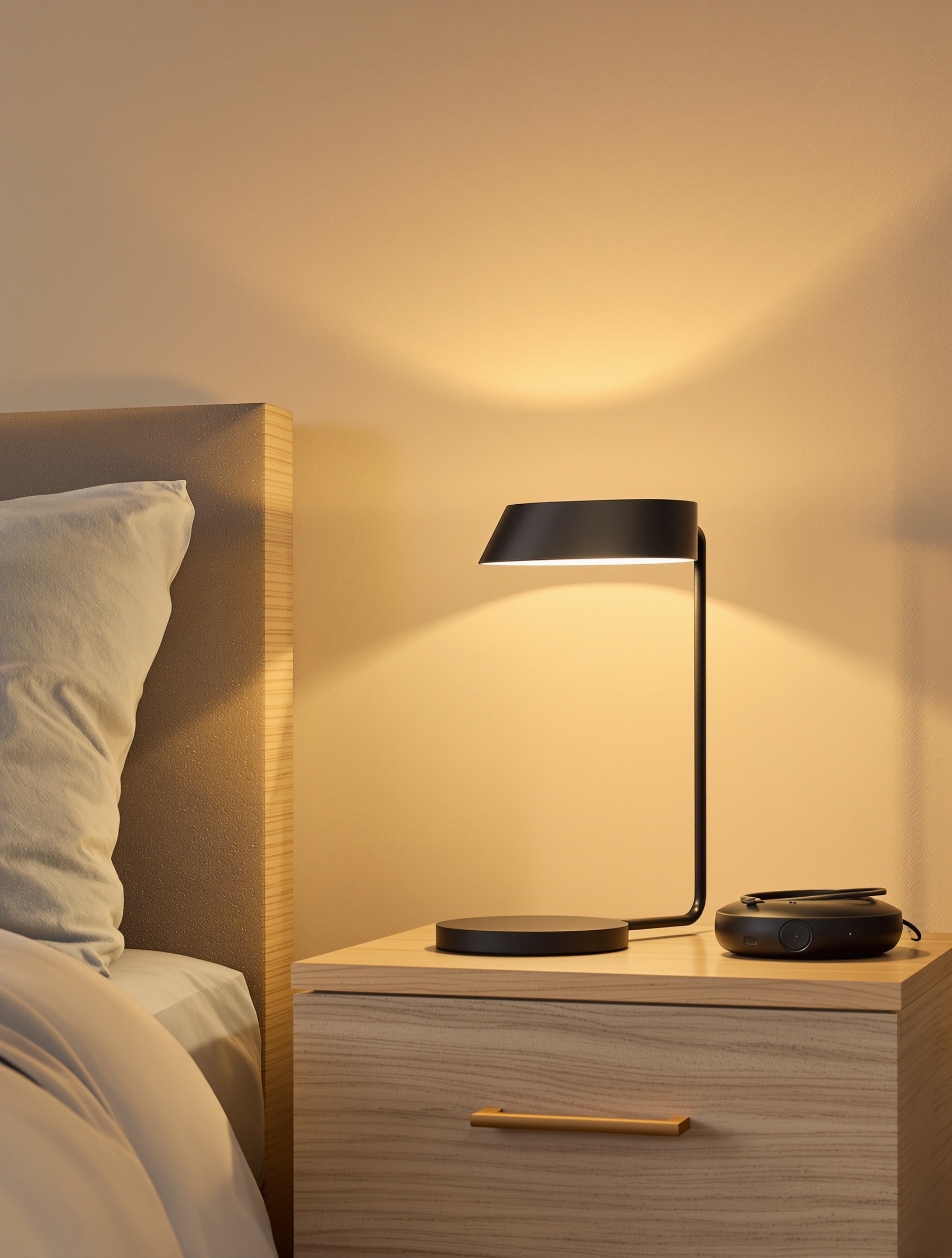 Lampe de chevet minimaliste en métal noir mat sur table bois clair, lumière douce et chaude.