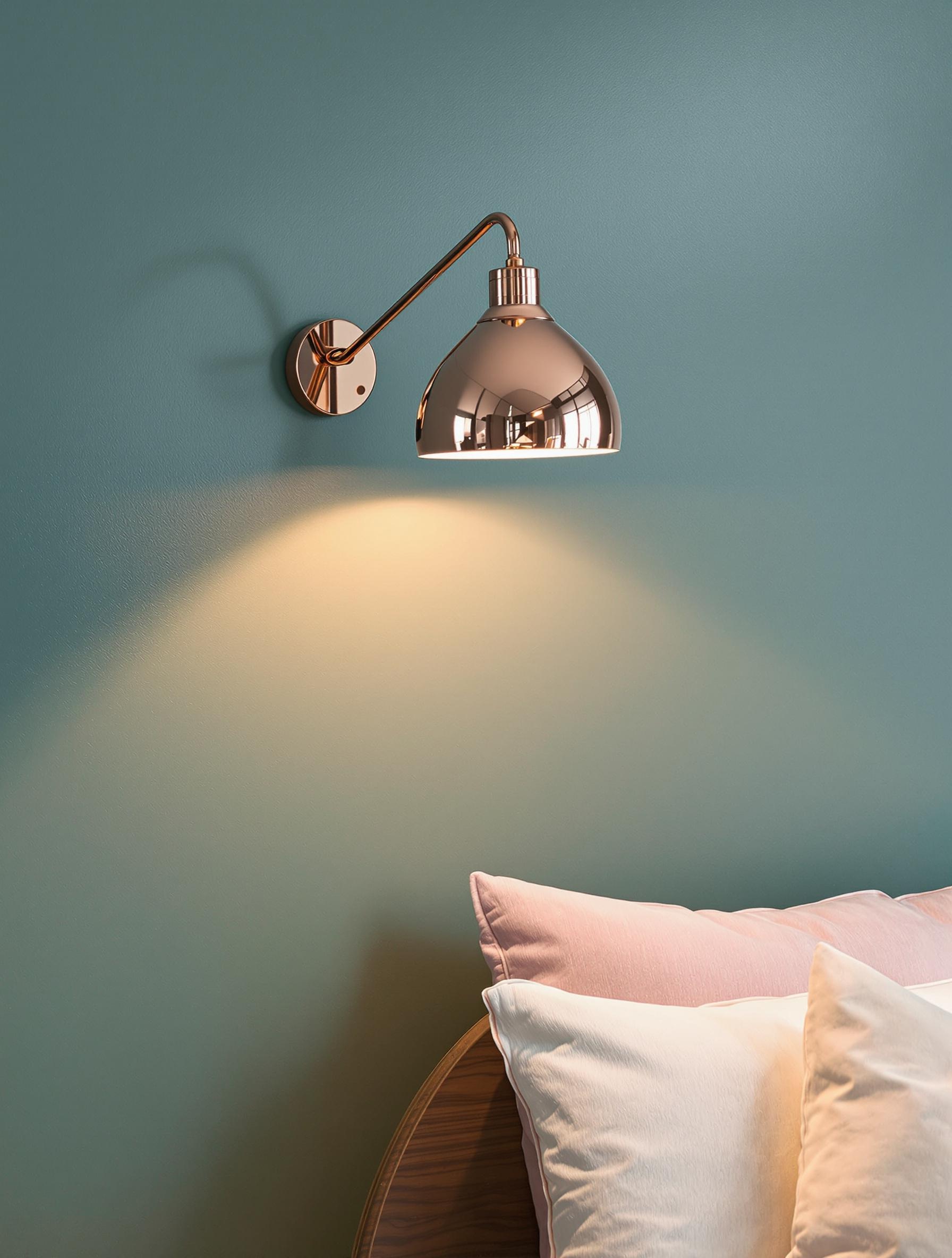 Lampe en cuivre illuminant un mur bleu canard derrière un lit scandinave avec coussins pastel.