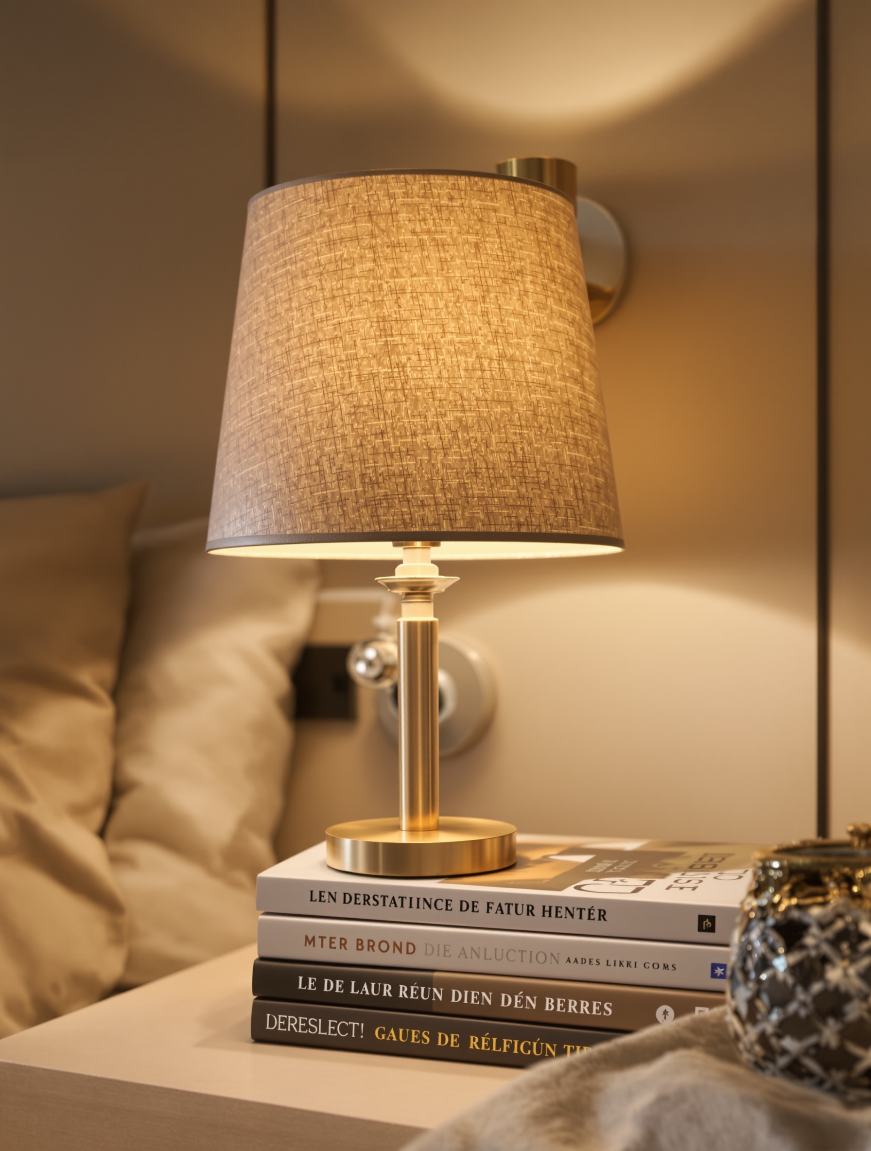 Lampe de chevet sur pile de livres, abat-jour au niveau des yeux, applique murale design en fond.