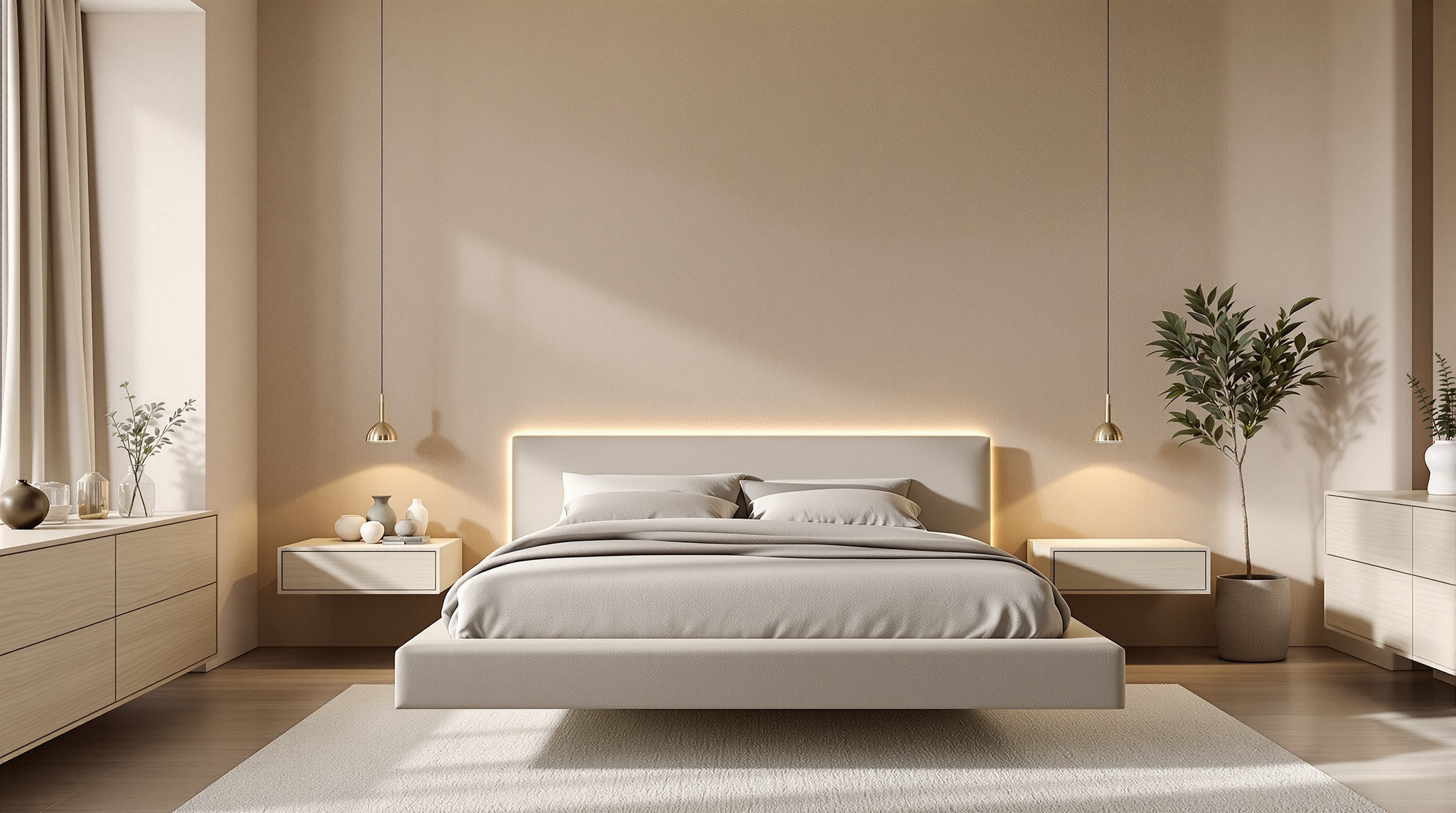 lit design moderne forme basse tables de chevet suspendues commode lignes droites ambiance chaleureuse