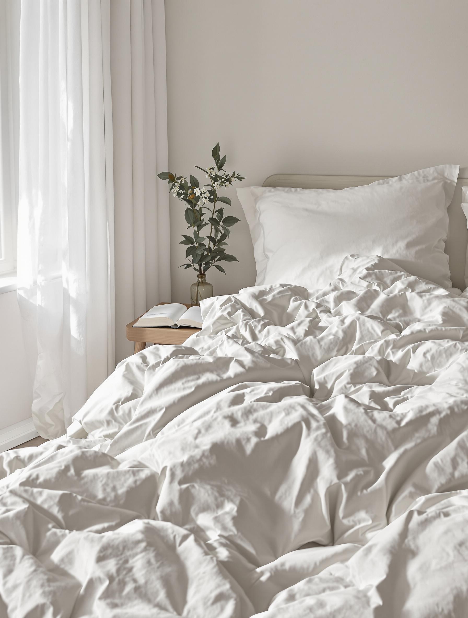 Lit double avec ambiance scandinave et deux couettes distinctes