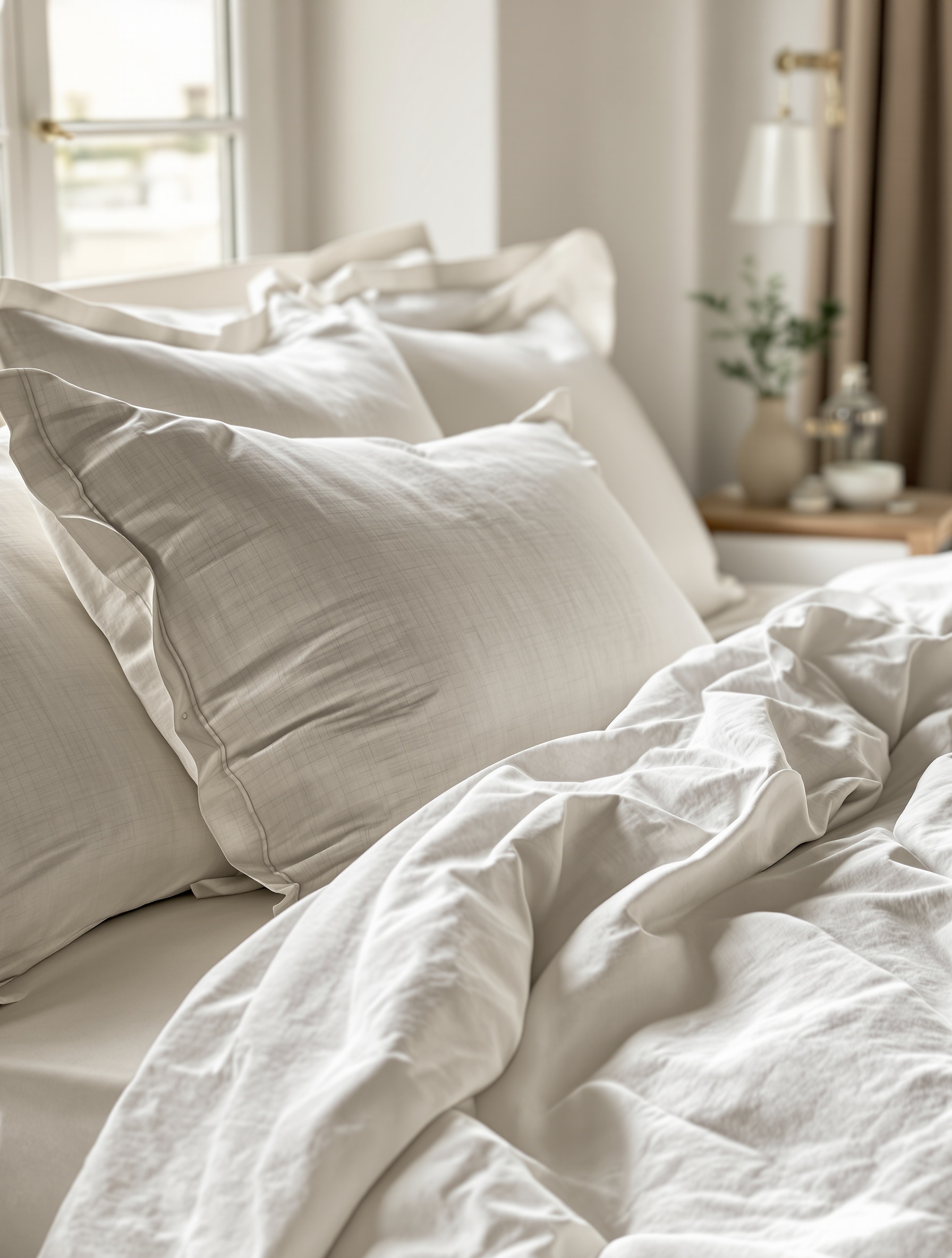 Linge en lin froissé, lit soigné dans une chambre d'hôtes