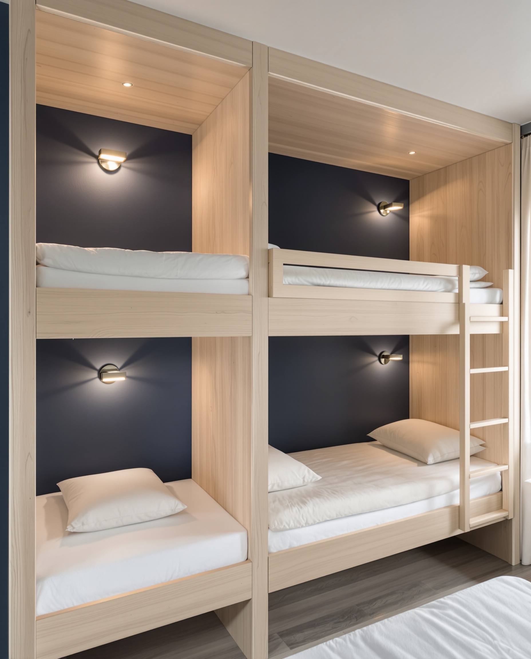 Lit superposé 4 places intégré chambre bleu profond linge lin blanc cassé liseuse murale