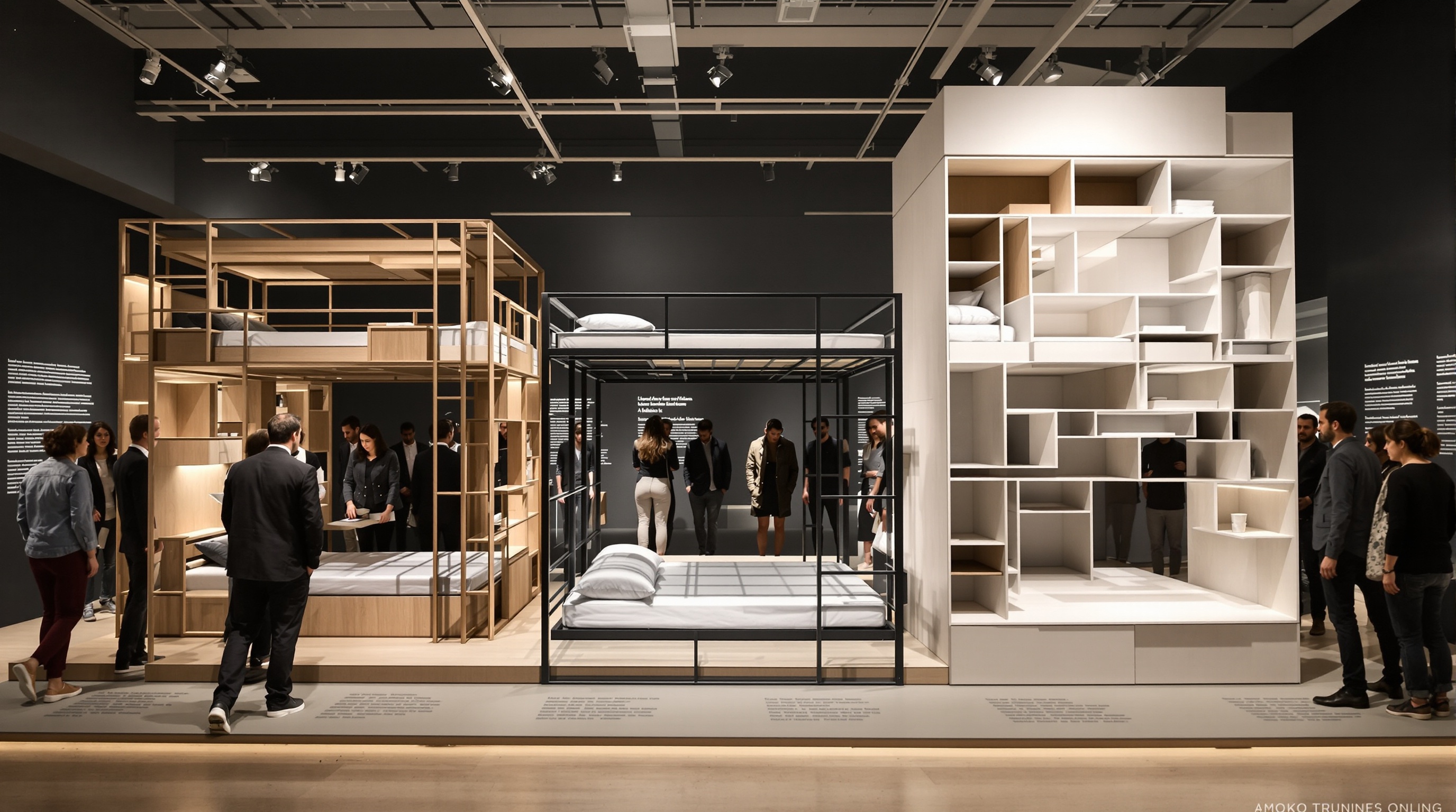 Lit superposé 4 places décliné en bois massif, métal industriel et sur-mesure architectural exposé dans une galerie