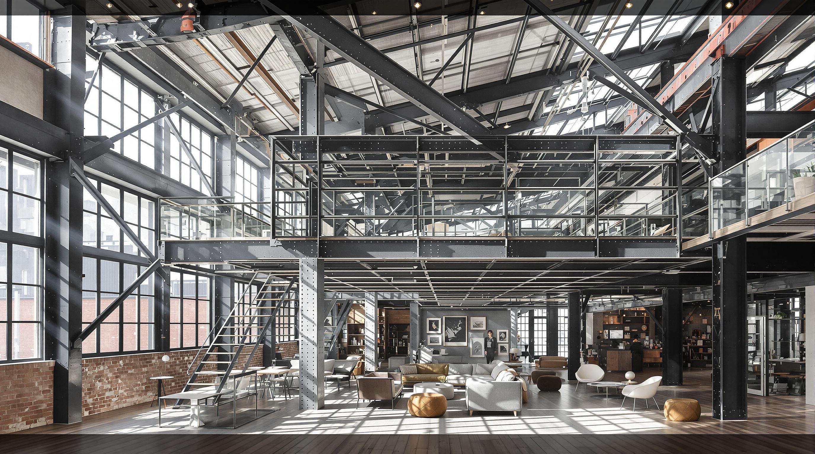 Plan d’un loft avec mezzanine greffée aux poutres rivetées
