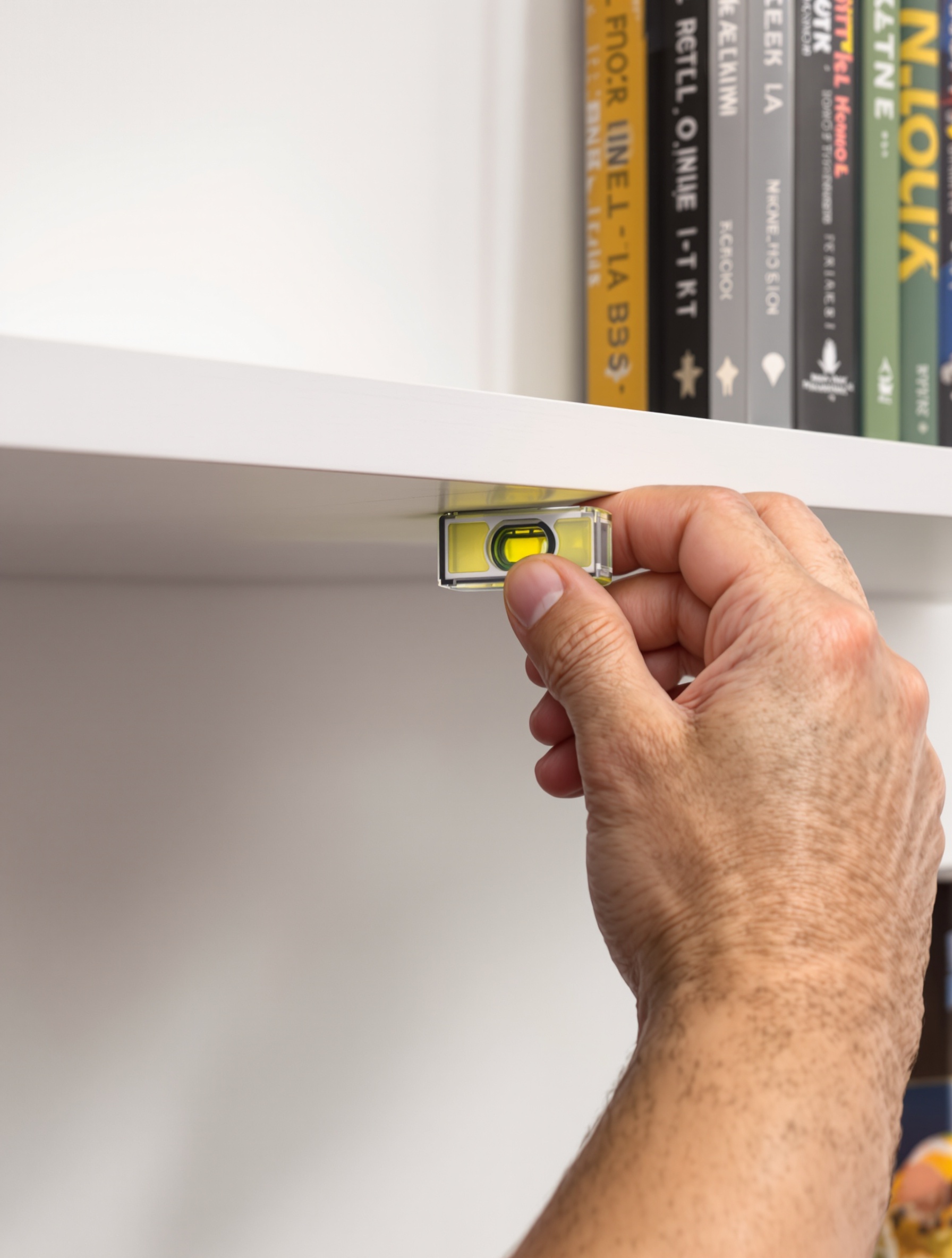 Main ajustant méticuleusement une étagère invisible avec un niveau à bulle, symbole de la rigueur nécessaire à une installation parfaite.
