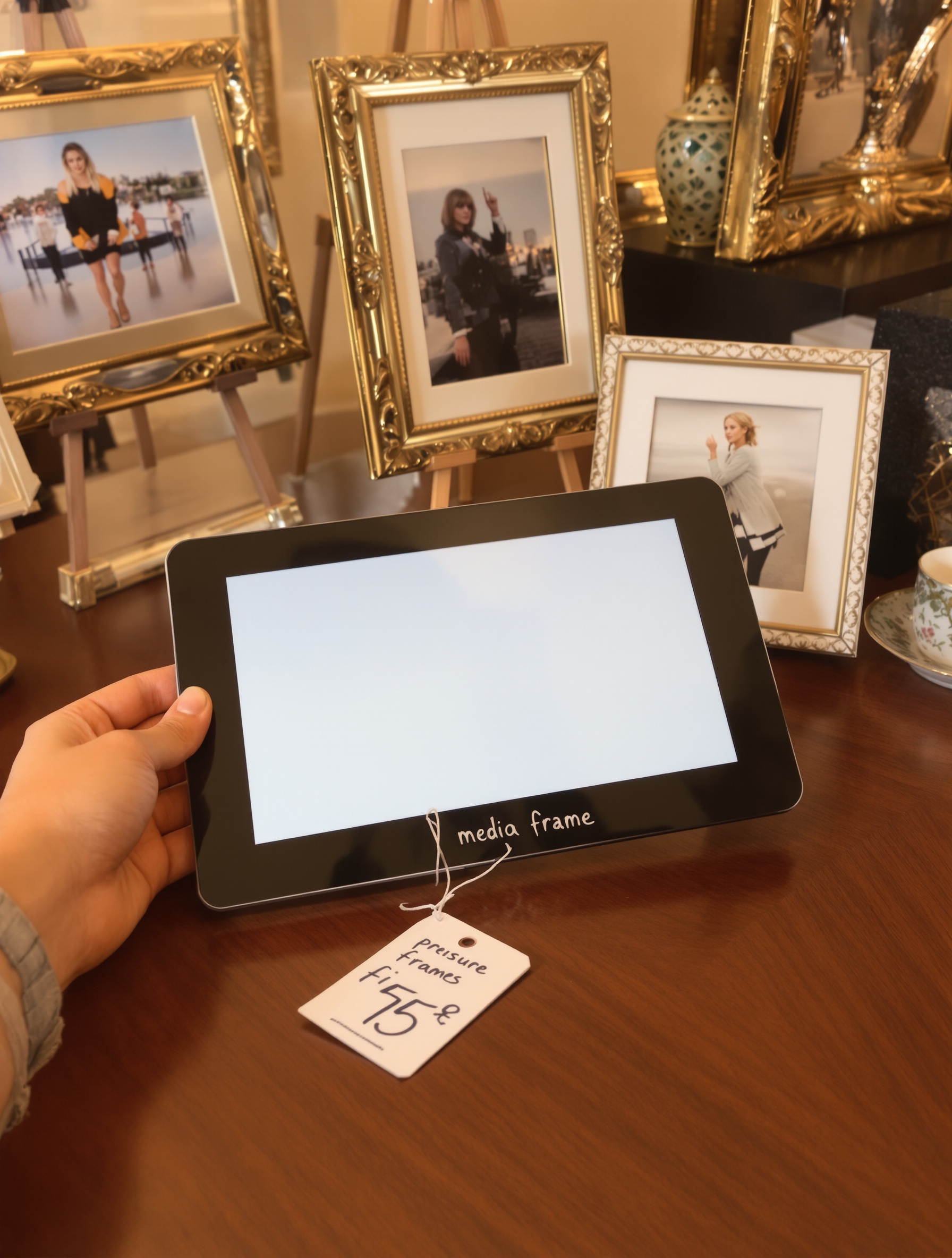 Main tenant un cadre photo numérique sur une table, avec étiquette de prix et ambiance raffinée.