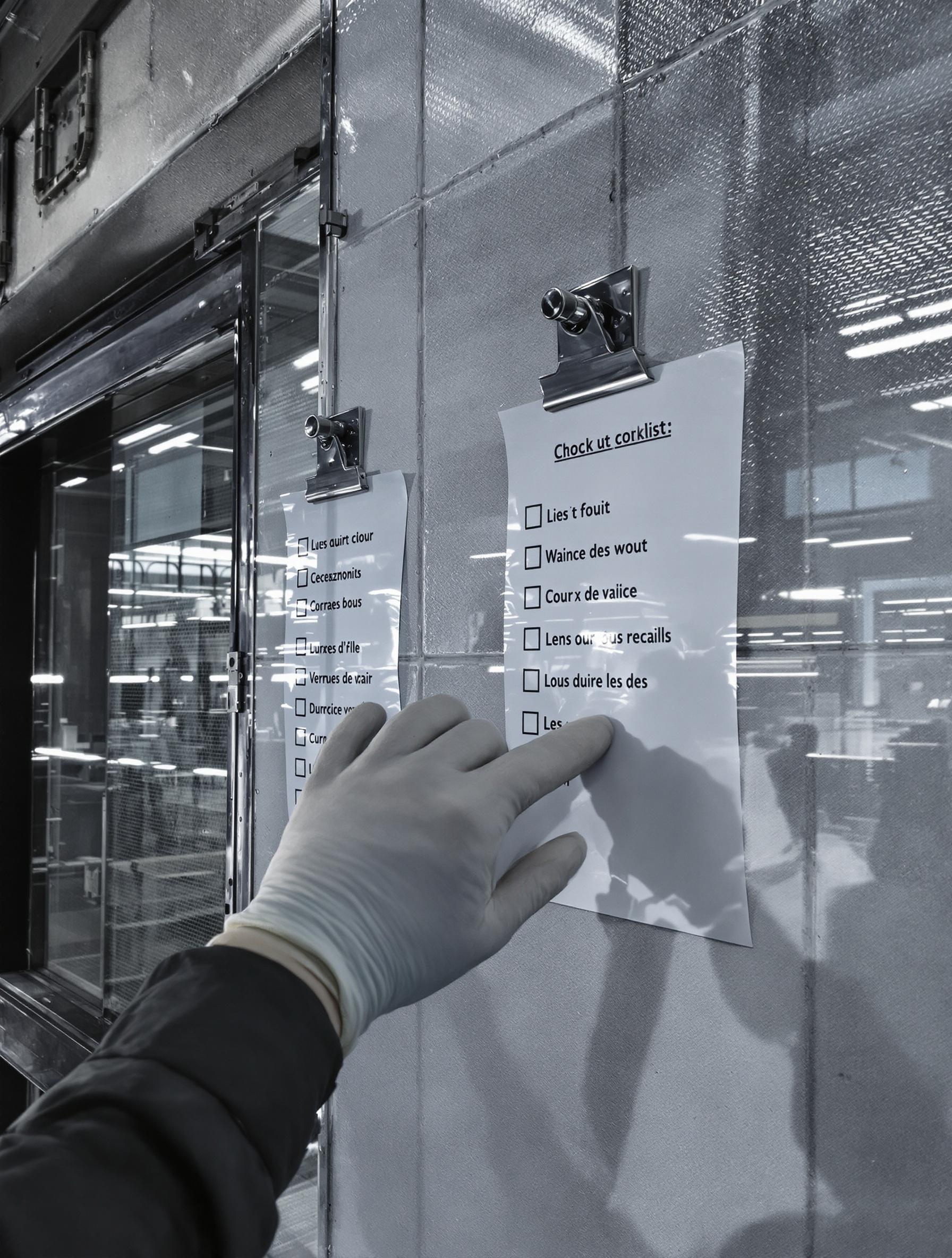 Checklist murale, main gantée devant verrière industrielle