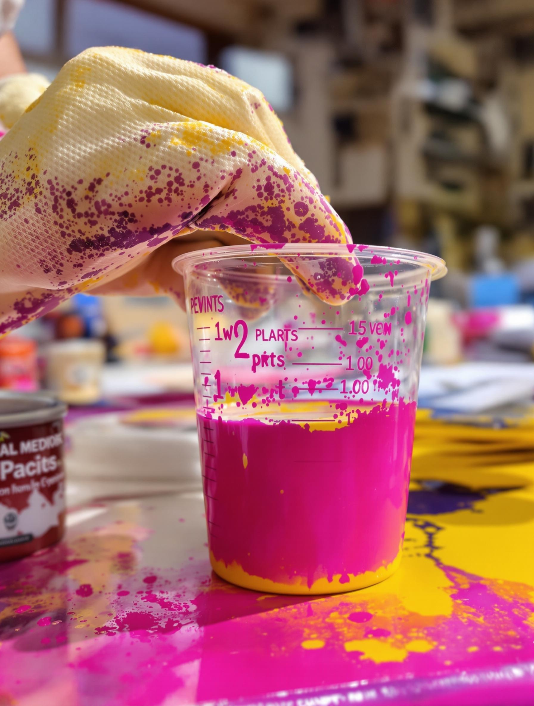 Mélange précis dans un godet gradué : deux parts de rose et une part de jaune dans un atelier lumineux.