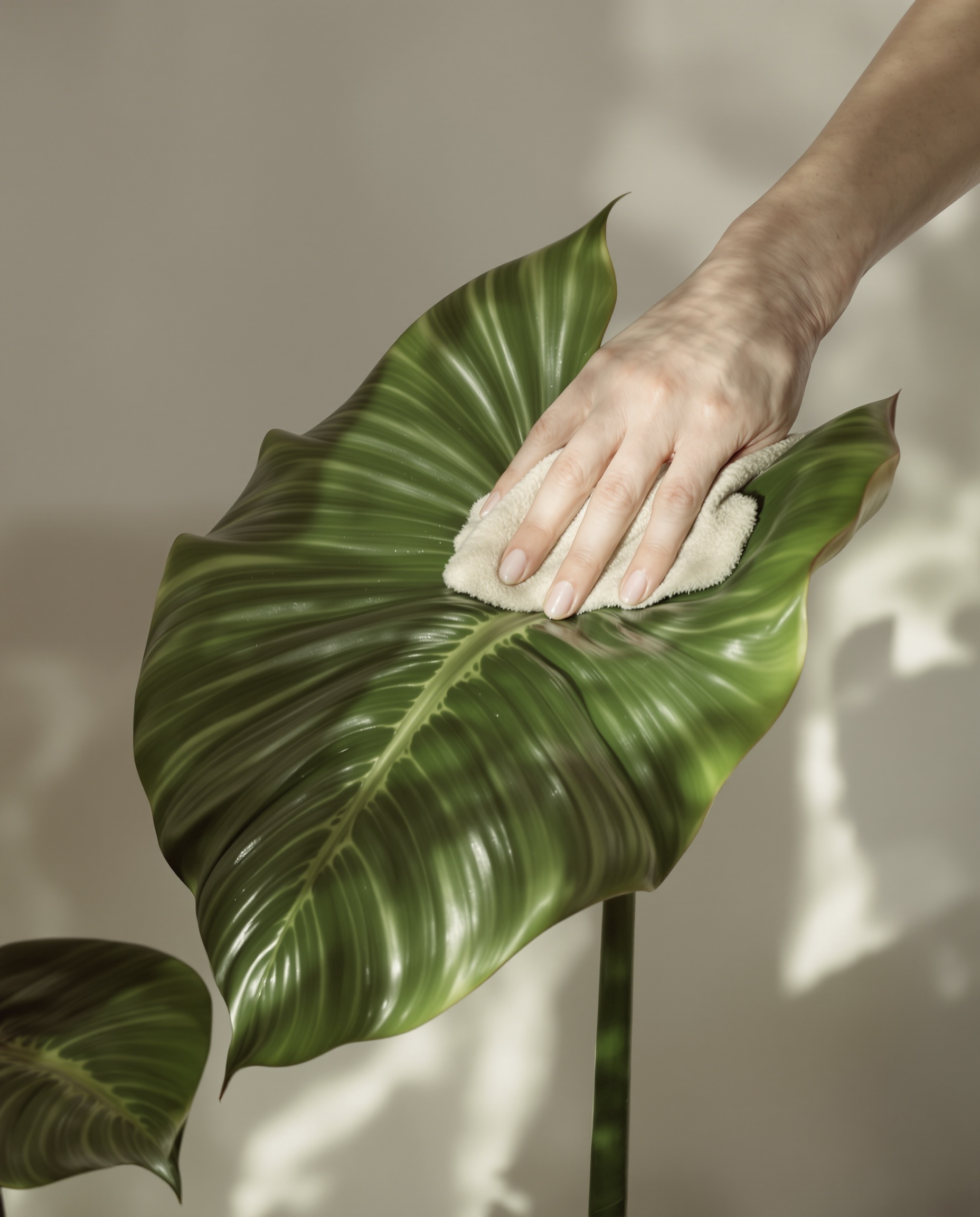 Entretien rituel feuille Alocasia mains expertes ambiance monacale
