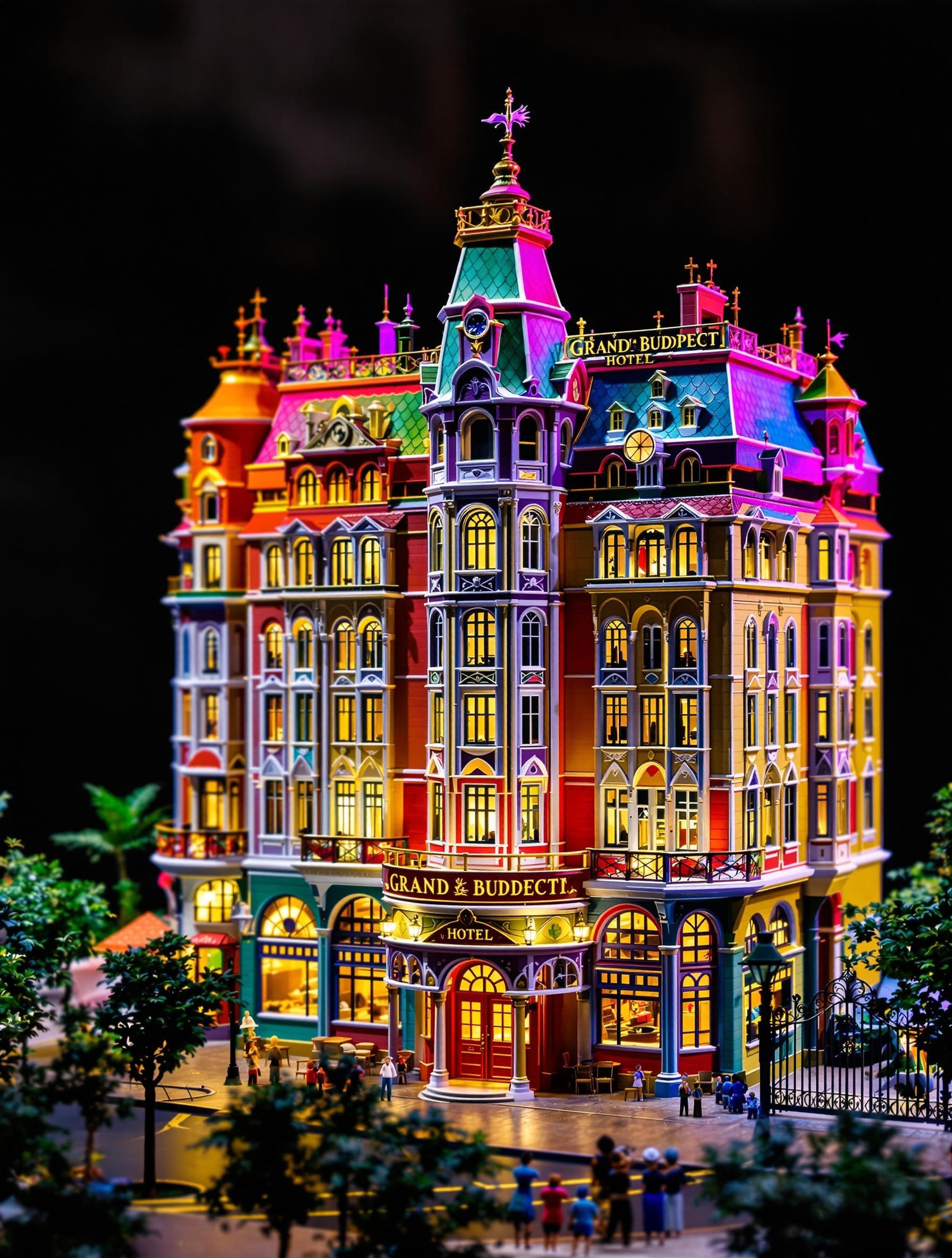 Maquette miniature colorée avec éclairage théâtral inspirée du Grand Budapest Hotel de Wes Anderson