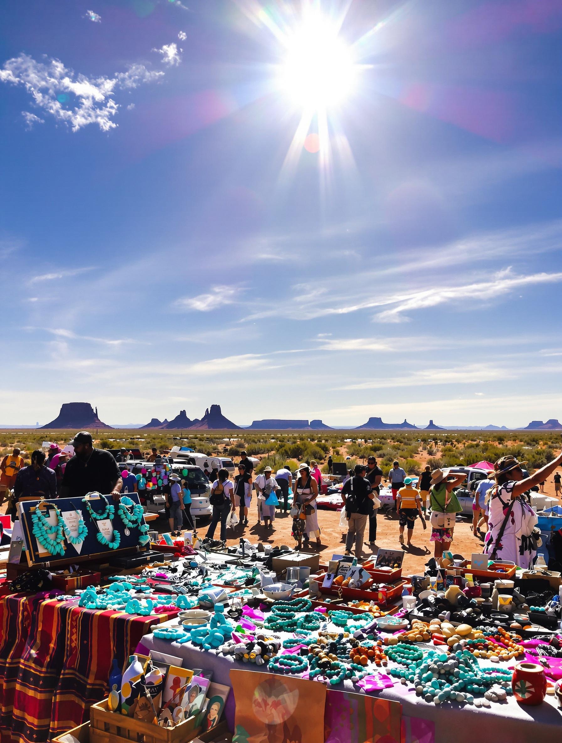 Marché amérindien au Nouveau-Mexique avec des artisans Pueblo vendant des colliers Heishi turquoise
