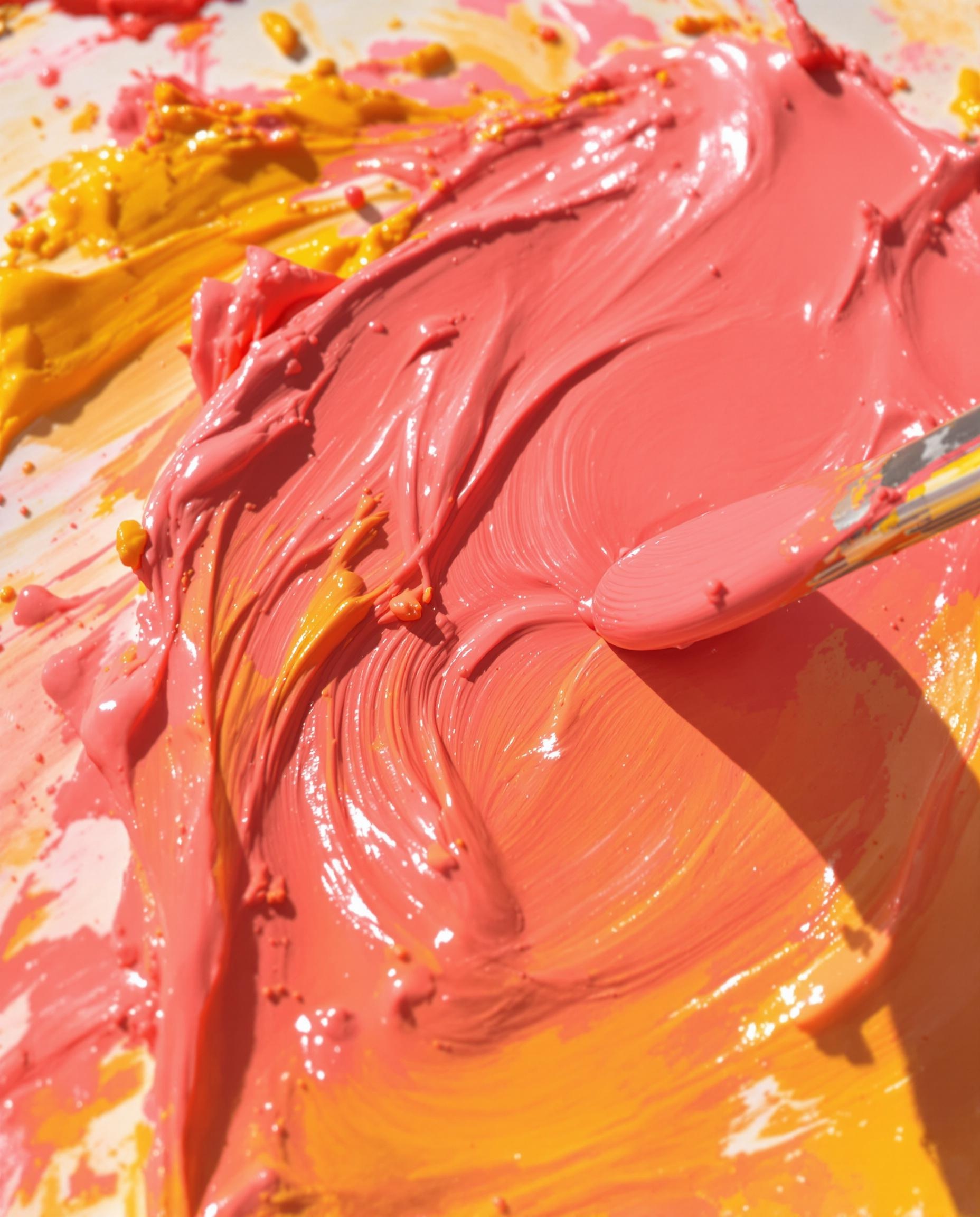 Mélange de peinture rose et jaune sur une palette montrant un rouge corail lumineux