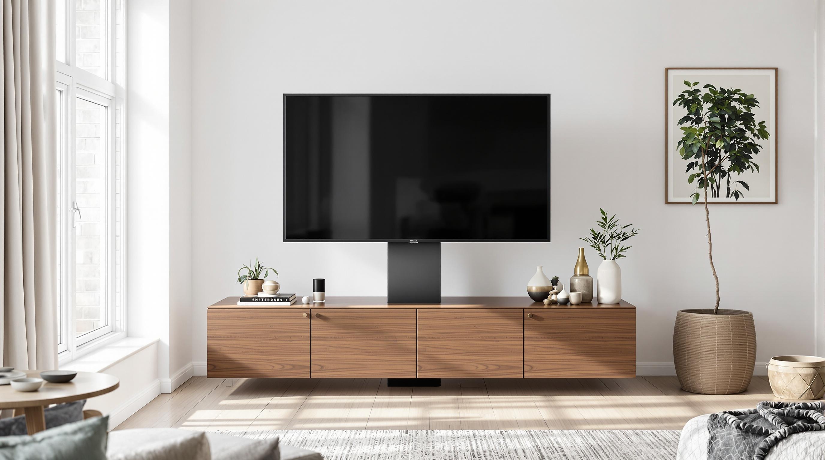 Vue de trois-quarts d’un meuble totem pivotant, câble totalement invisible, télévision 55'' en lévitation.