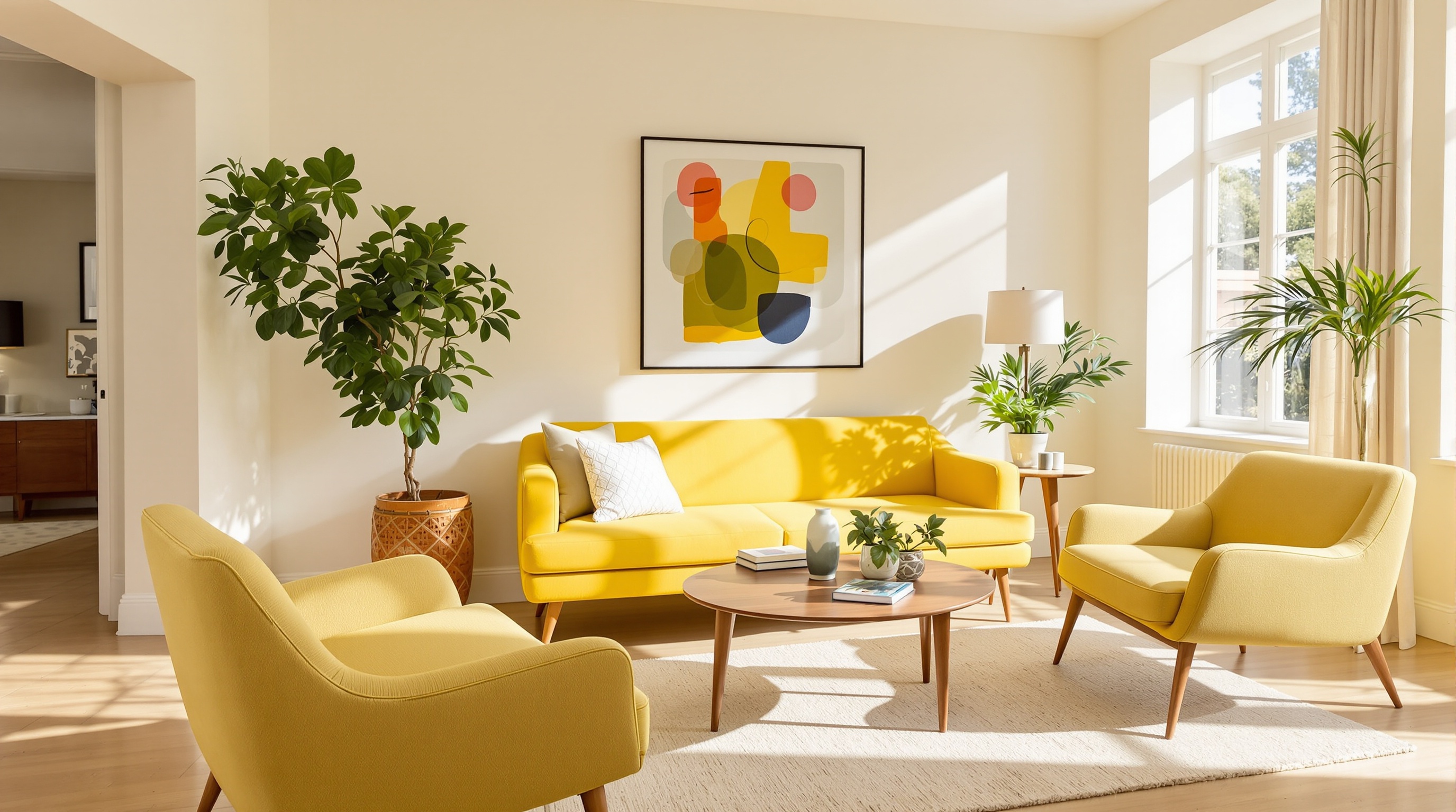 Meubles jaunes paille dans un décor Mid Century chic.