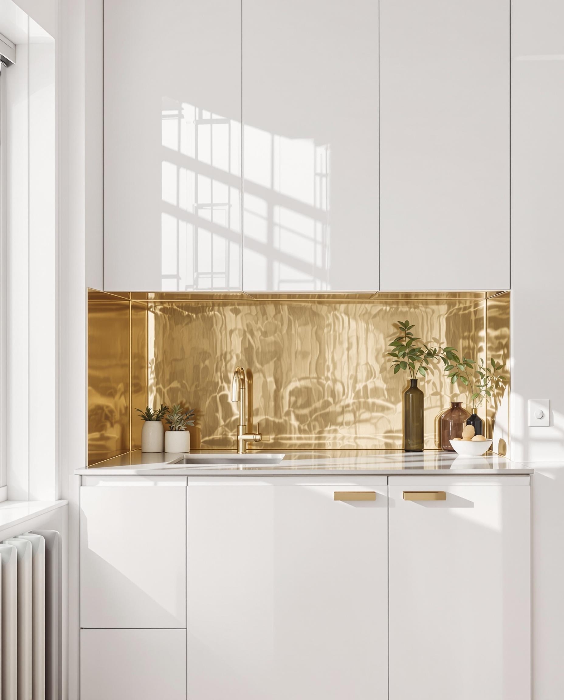 Mini-cuisine parisienne de 4m² par BCDF Studio avec crédence en laiton patiné et design minimaliste.