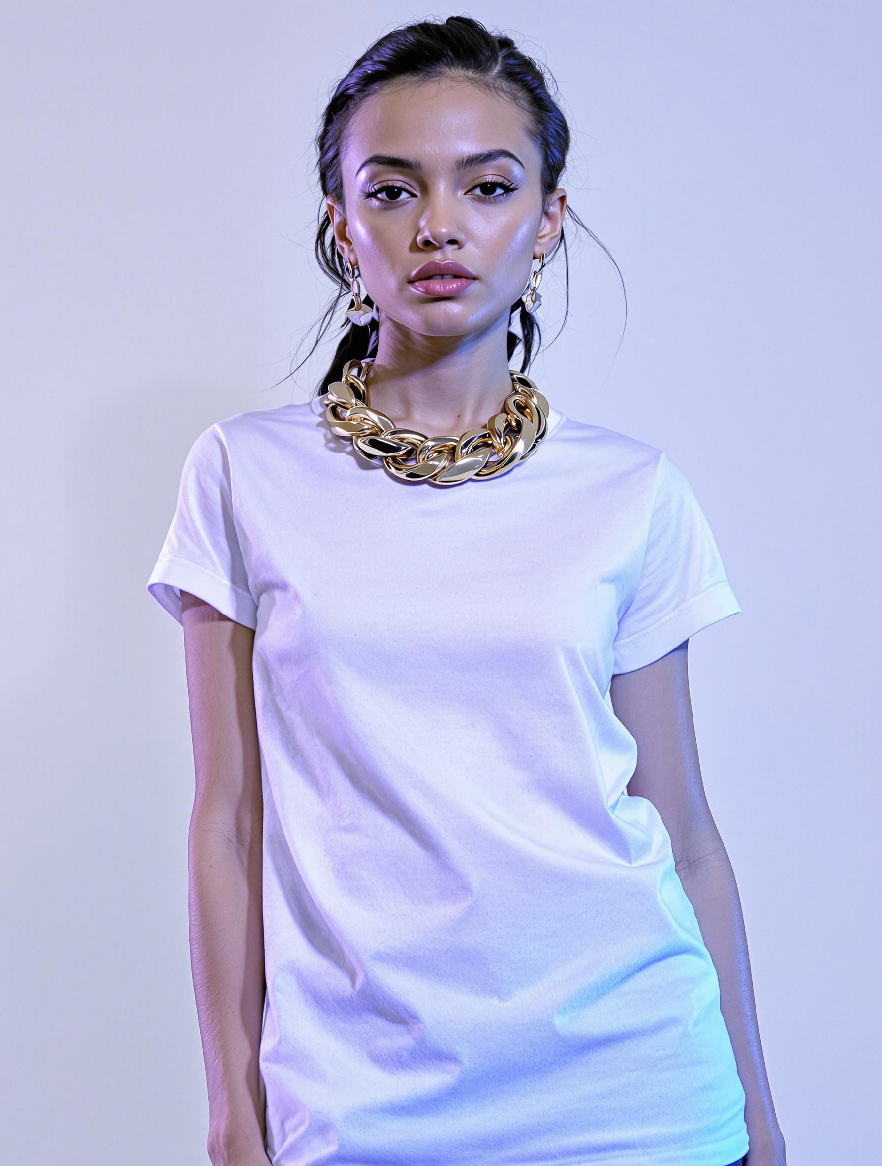 Style minimaliste avec un t-shirt blanc et un collier chunky doré volumineux.