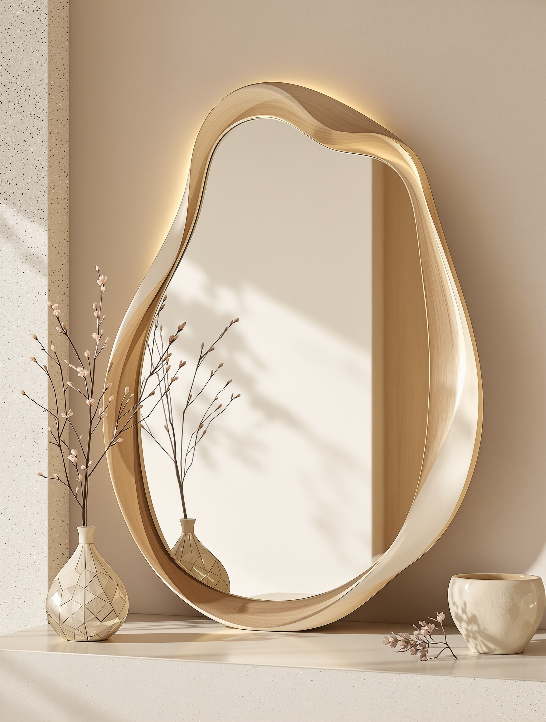 Miroir forme organique sculptural en situation minimaliste