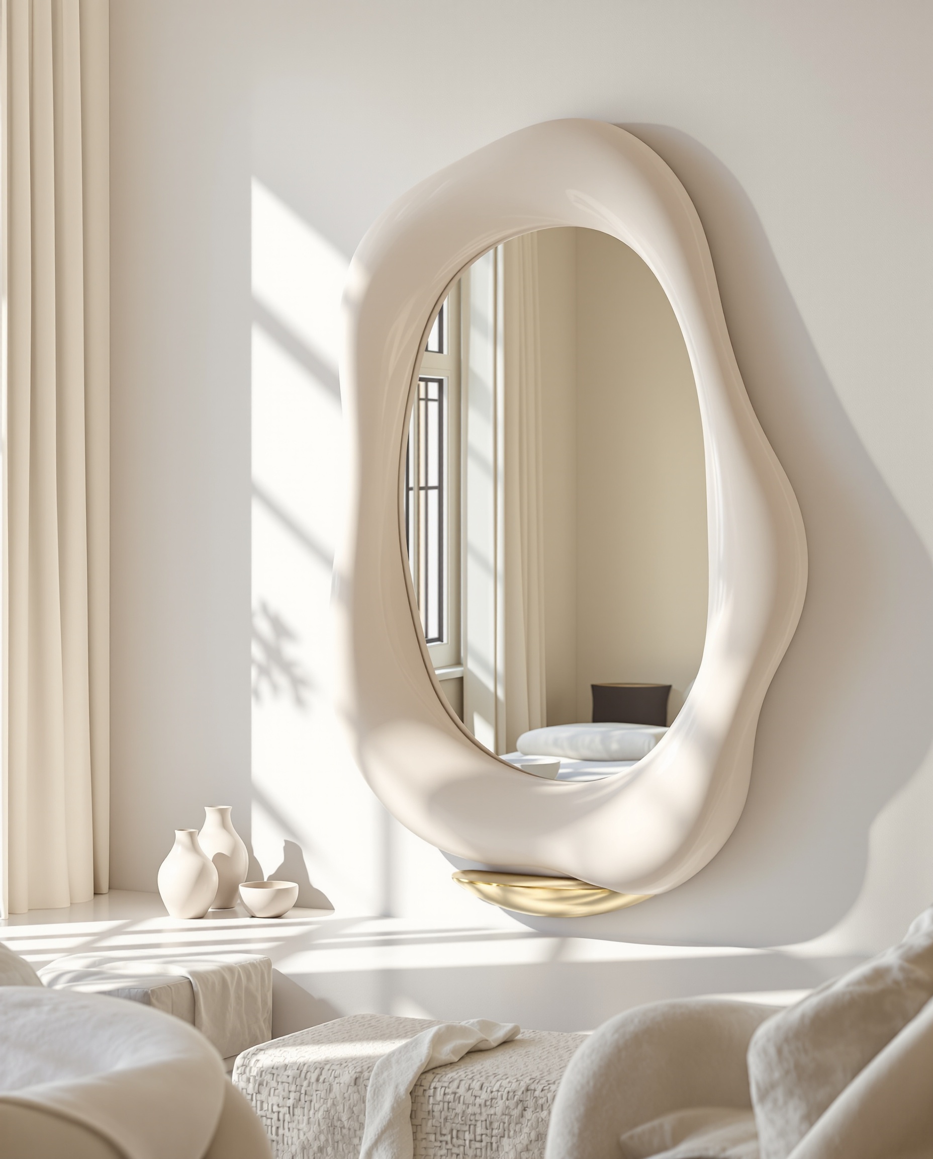 Grand miroir organique reflétant un intérieur paisible et lumineux