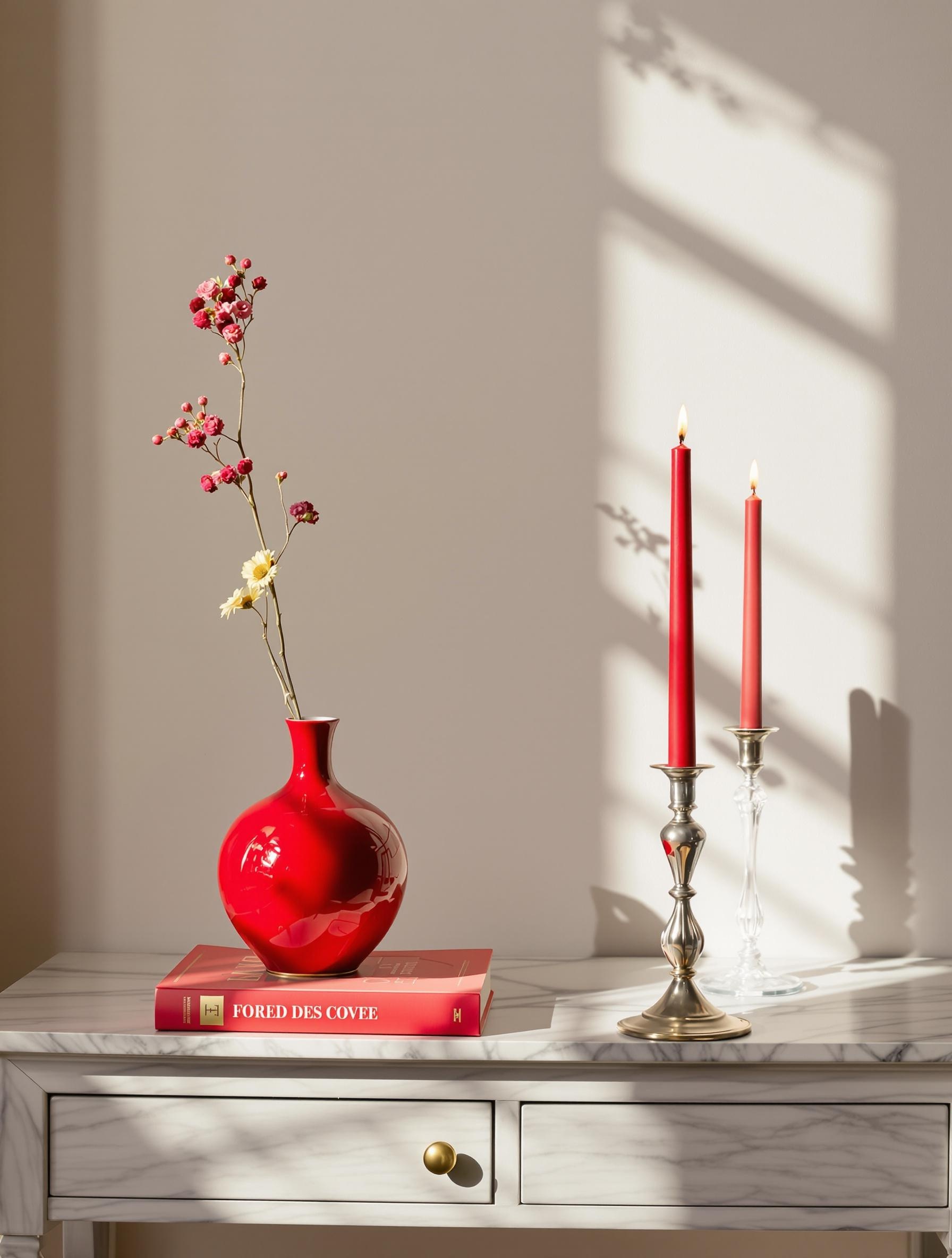 Mise en scène sophistiquée d’objets rouges sur console élégante