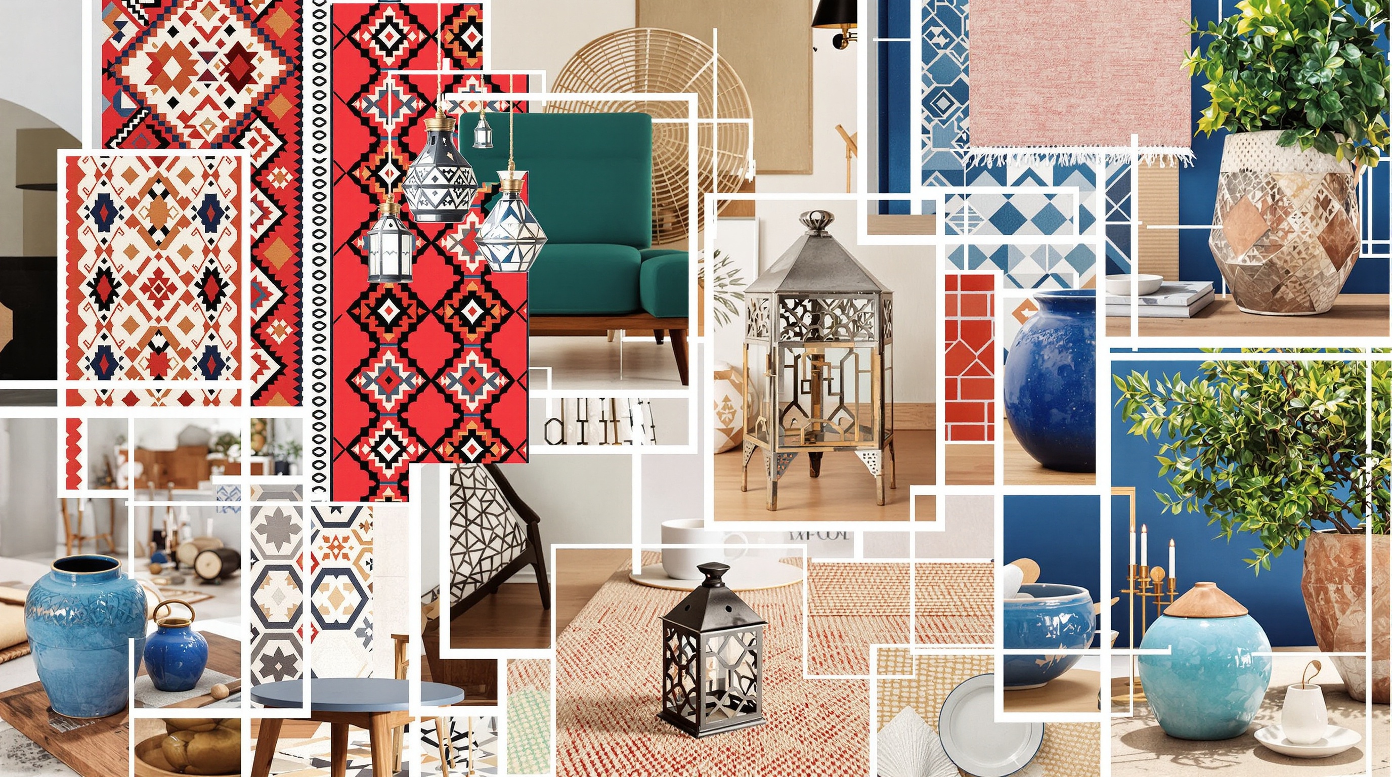 Moodboard digital inspiration déco marocaine avec captures Pinterest, Instagram, blogs et détails d'intérieurs contemporains.