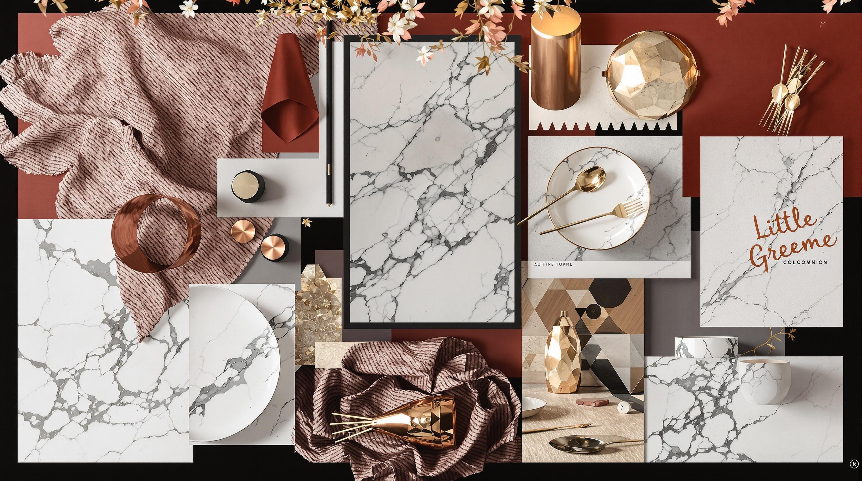 Moodboard déco association Marsala marbre blanc cuivre béton ciré