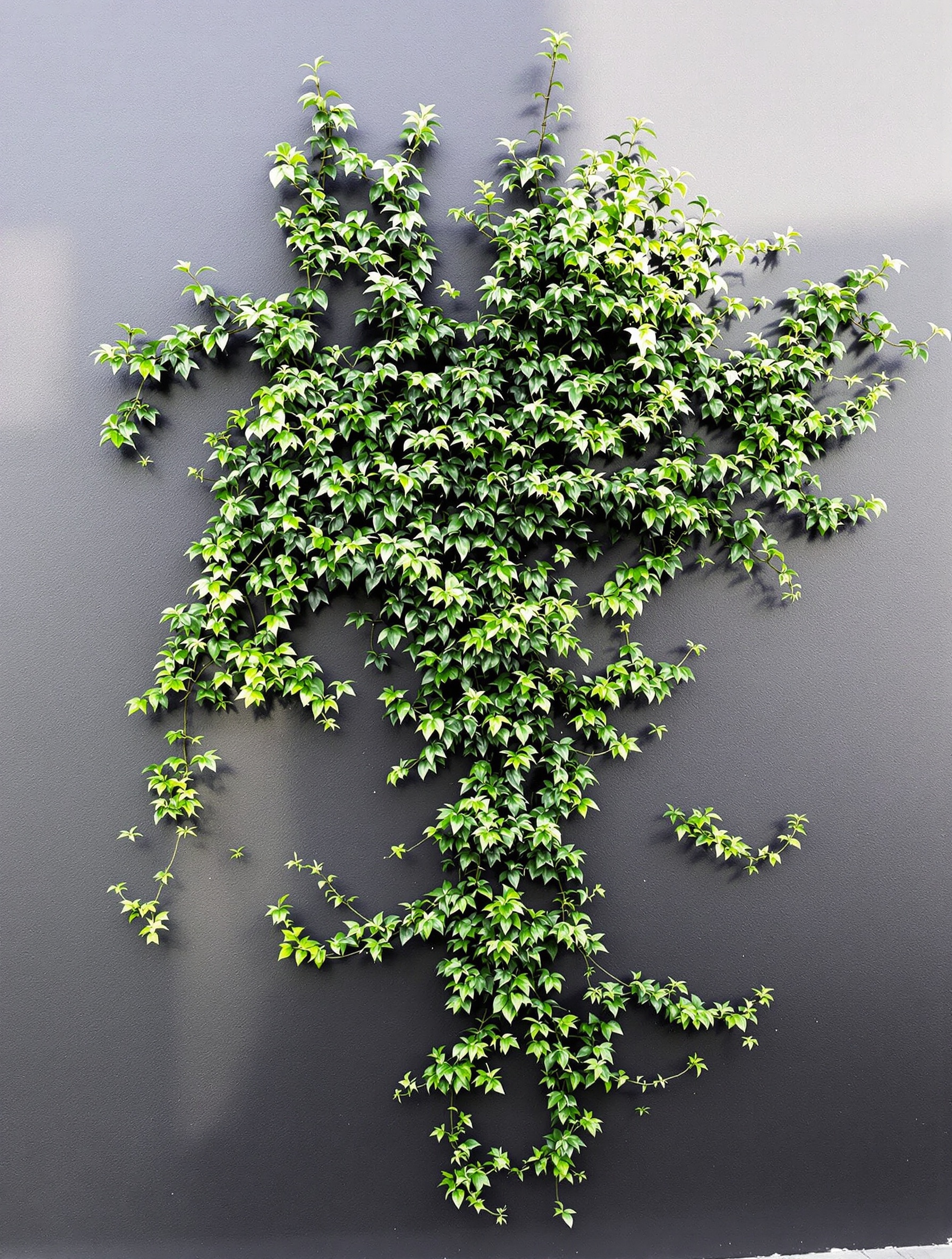 Un mur extérieur anthracite parcouru par une élégante plante grimpante à feuillage dense, créant un contraste visuel saisissant.