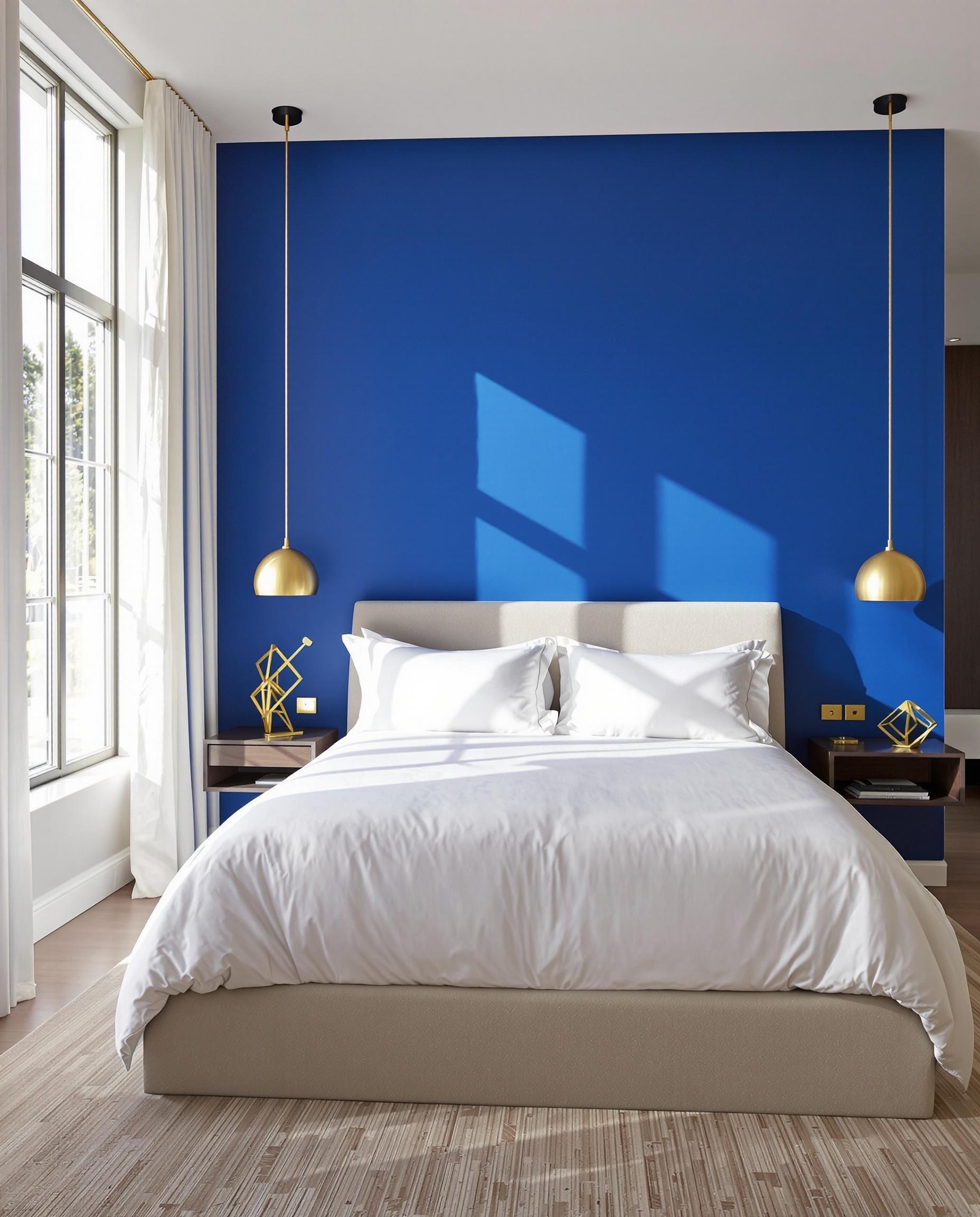 Mur d’accent en bleu Majorelle dans une chambre contemporaine avec literie blanche et touches dorées.