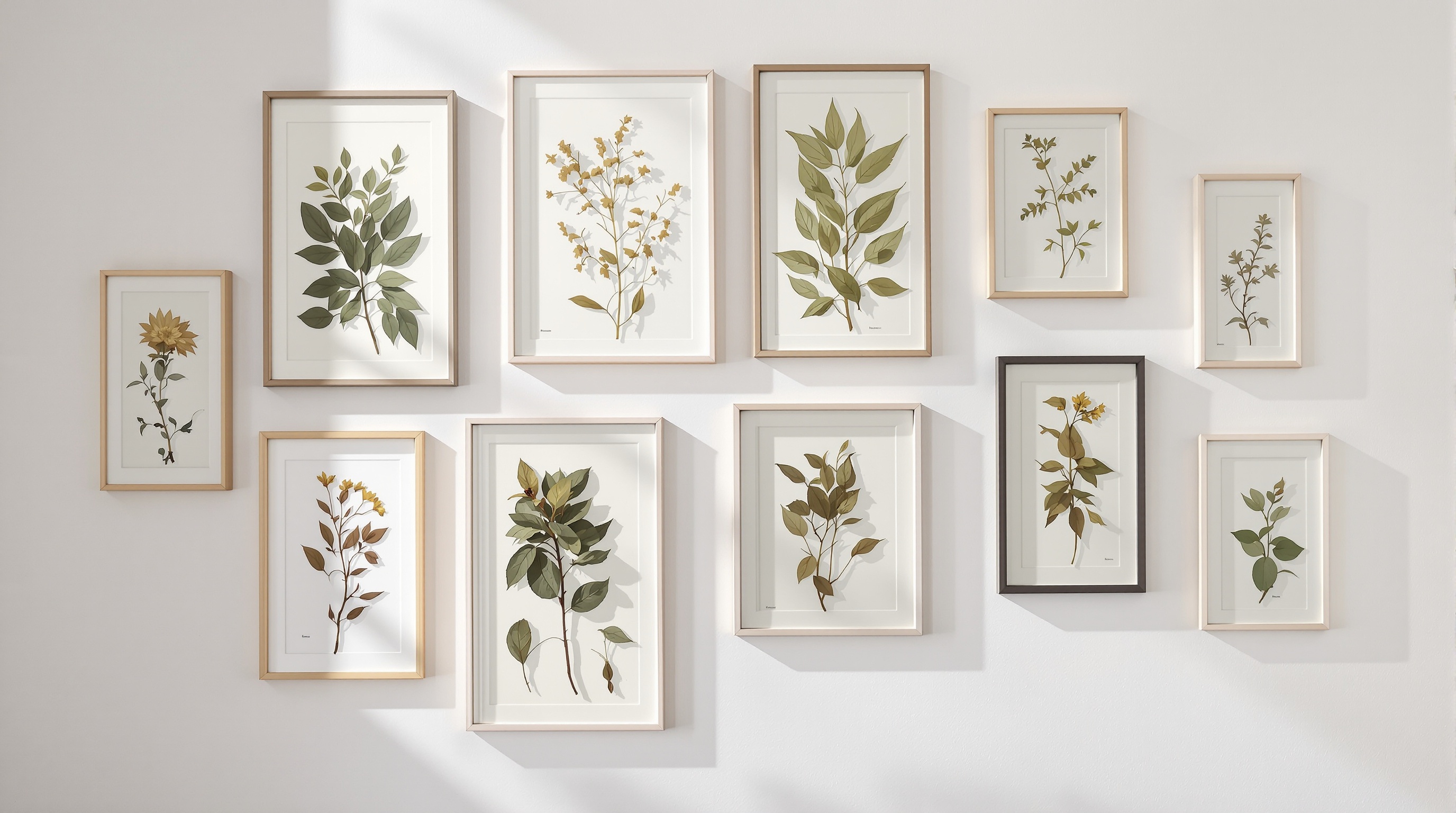 Mur de collection d'herbiers Herbarium moderne cabinet de curiosités épuré cadres asymétriques espèces variées