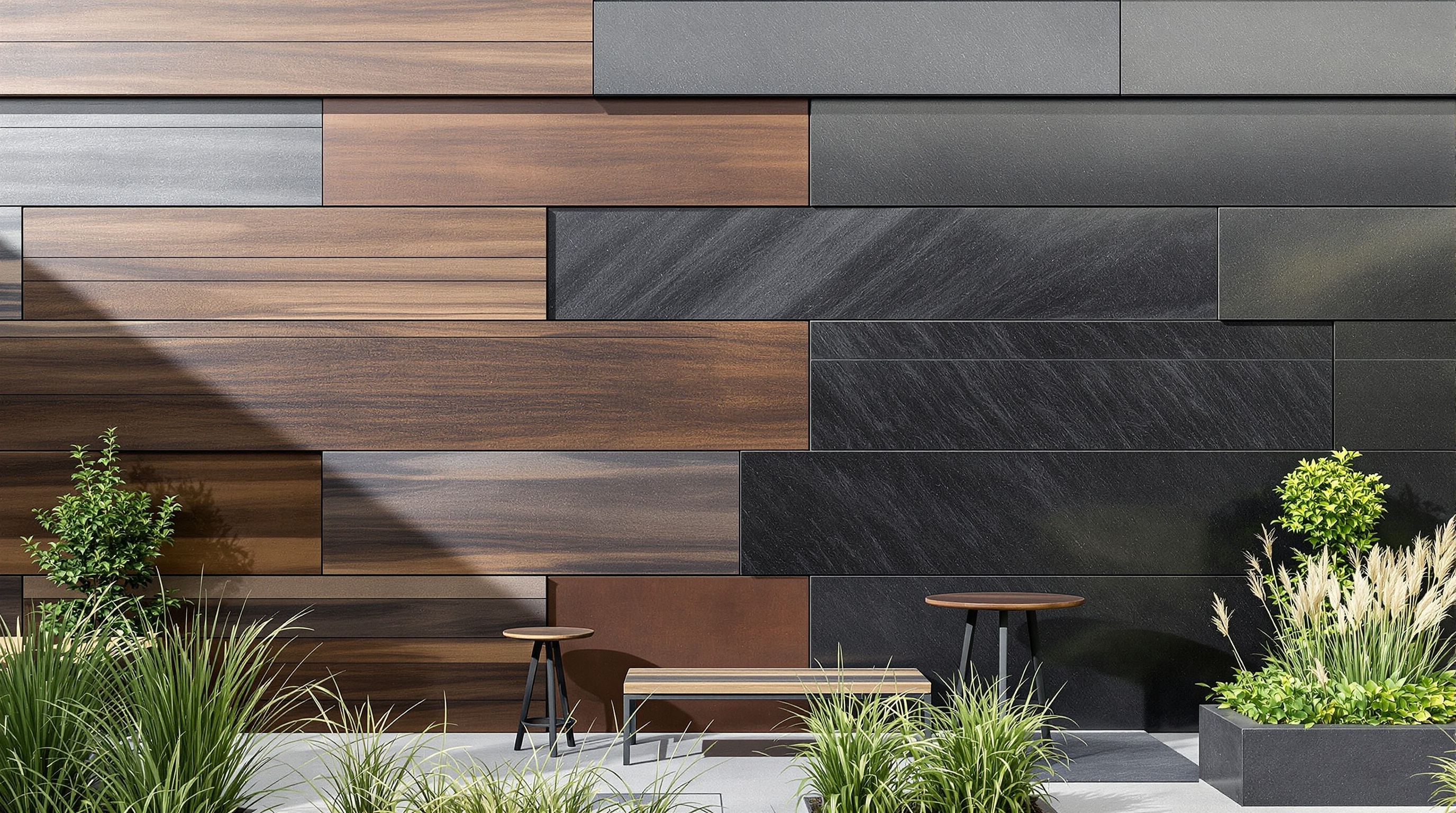 Mur extérieur noir décliné en bois brûlé, ardoise sombre naturelle, acier Corten patiné et zinc satiné.