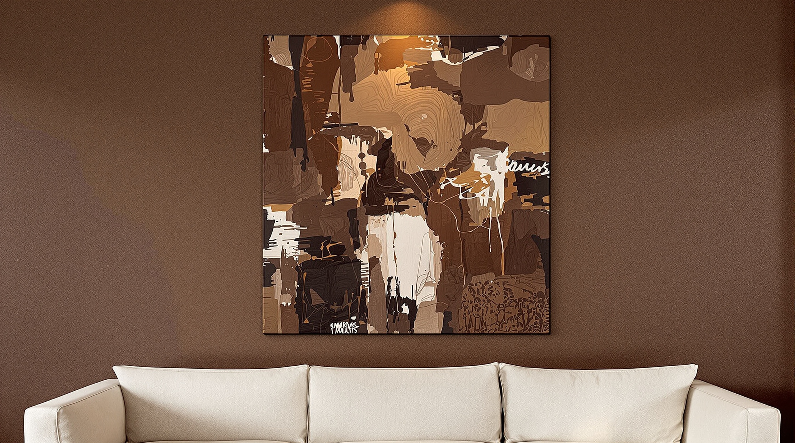 Mur marron texturé dans un salon décoré d'une œuvre abstraite chocolat, canapé lin clair et lumière tamisée.