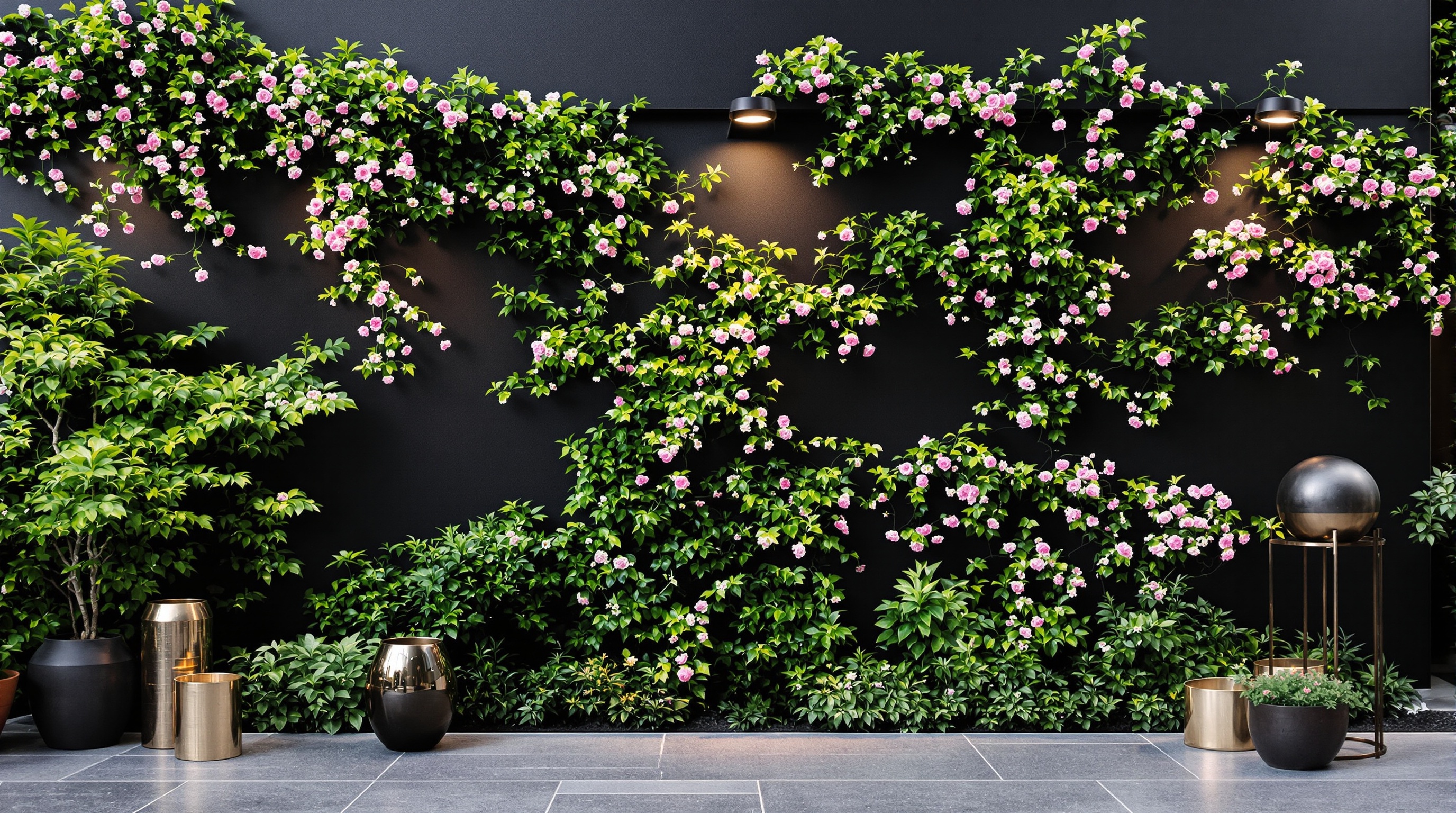 Mur extérieur noir mat orné de plantes grimpantes variées, éclairages subtils et éléments artistiques design.
