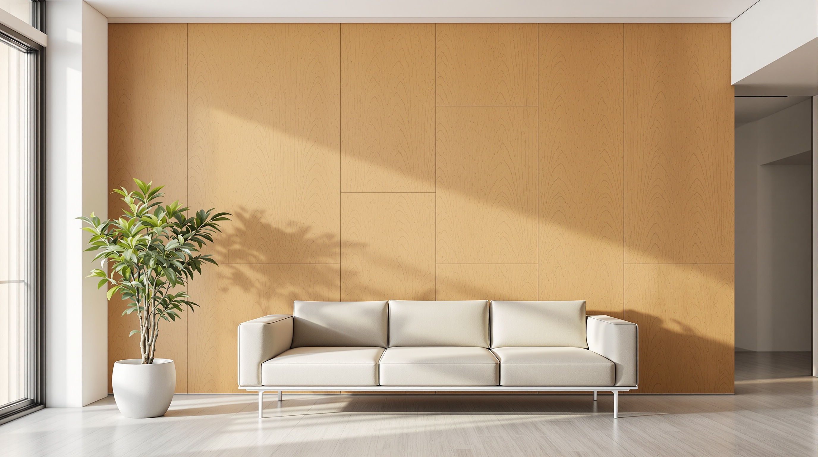 Mur en contreplaqué bouleau finition vernis mat minimaliste central chaleureux