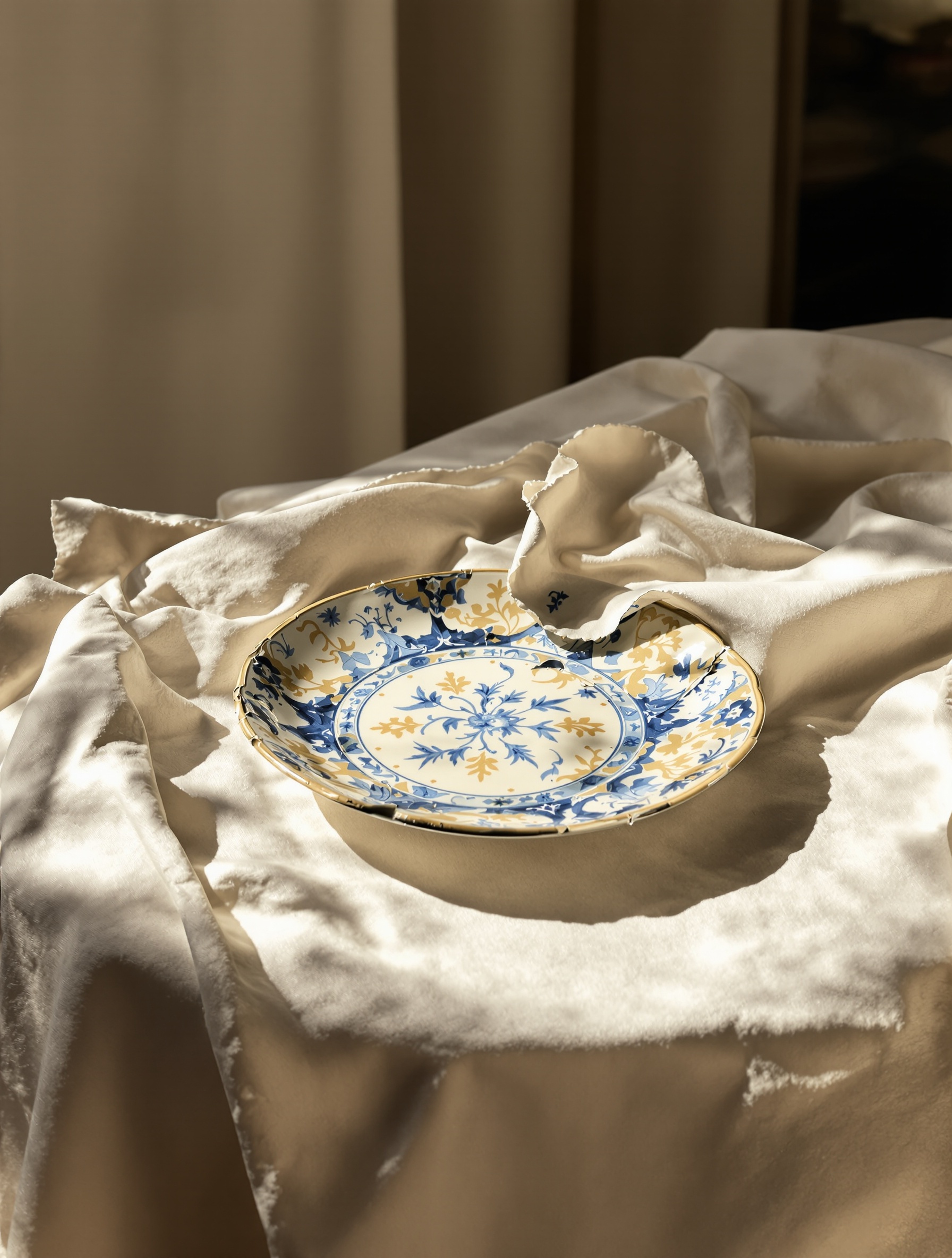 Assiette portugaise ébréchée sur nappe en lin délavée, lumière douce