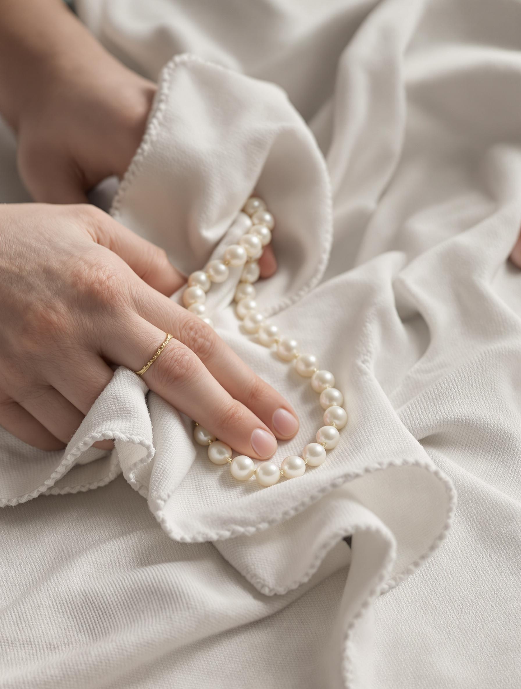 Nettoyage délicat de perles avec un chiffon de flanelle.