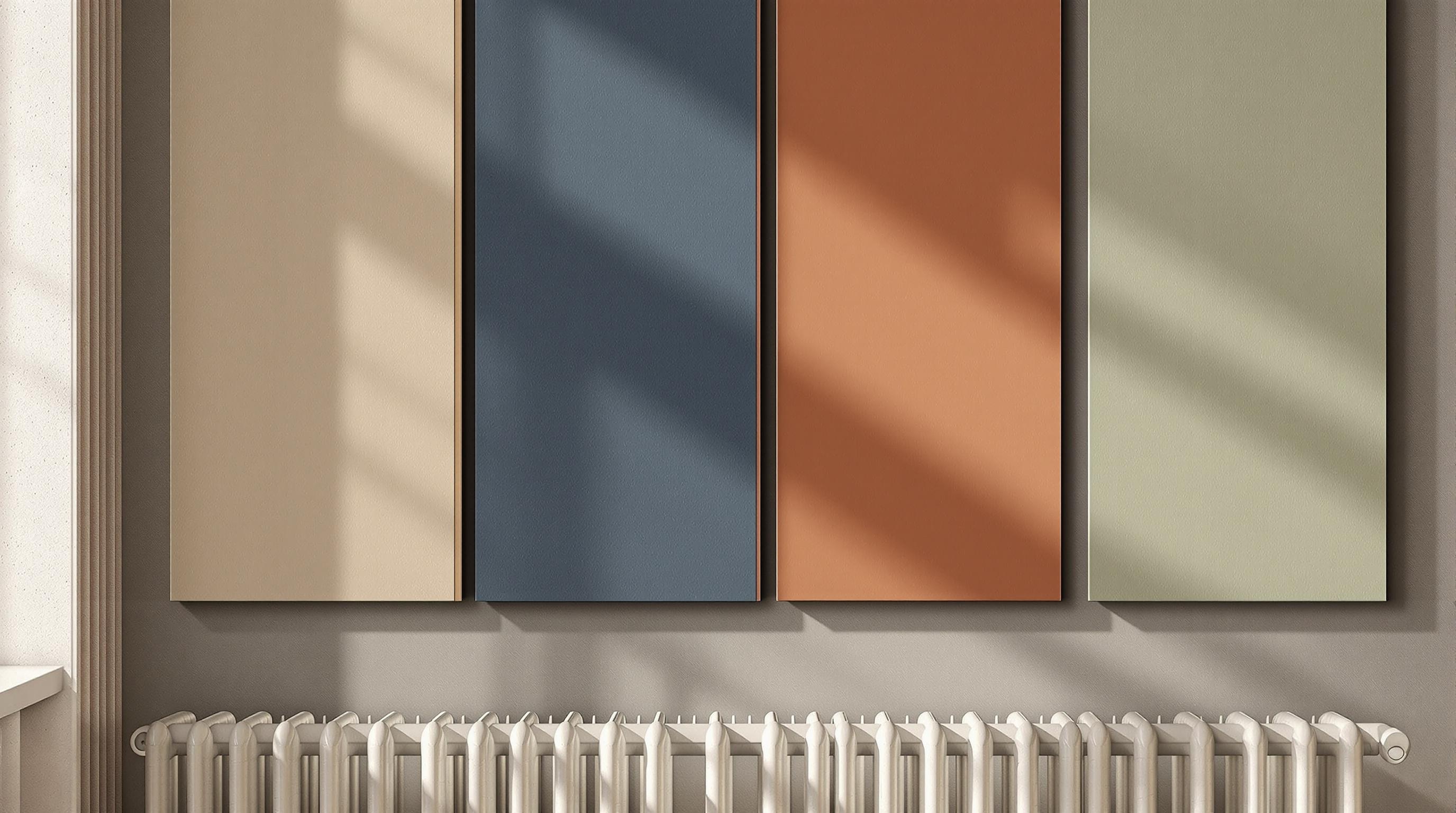 Nuancier peinture déco radiateur : moka givré bleu de minuit terracotta vert sauge en aplats raffinés.