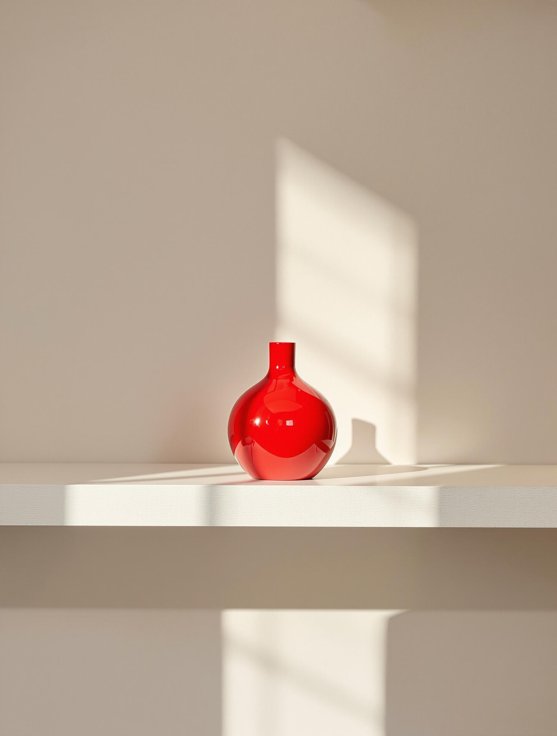 Objet déco rouge vif exposé dans un décor contemporain minimaliste
