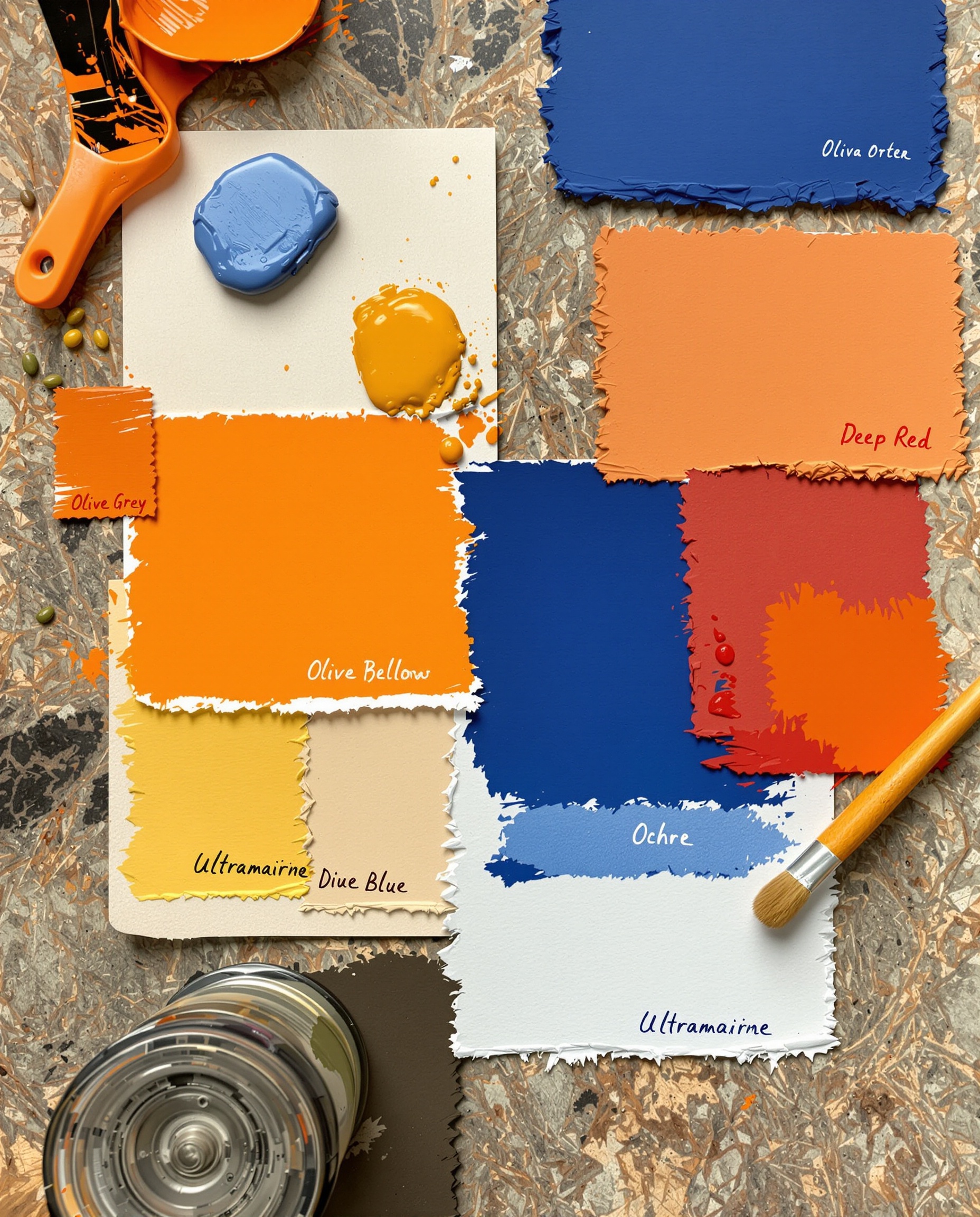 Palette audacieuse bleu outremer avec contrastes orange, rouge, jaune, neutres, olive et ocre