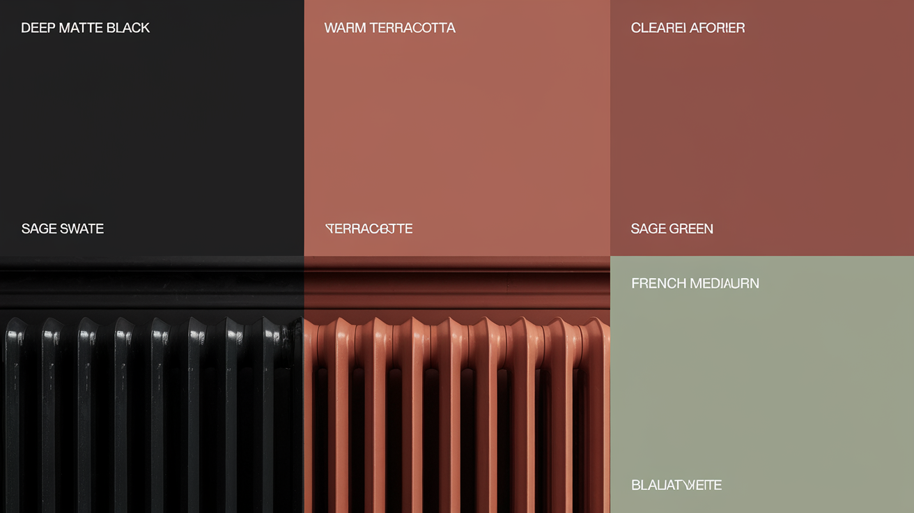 Miniature palette radiateur noir mat terracotta vert sauge.