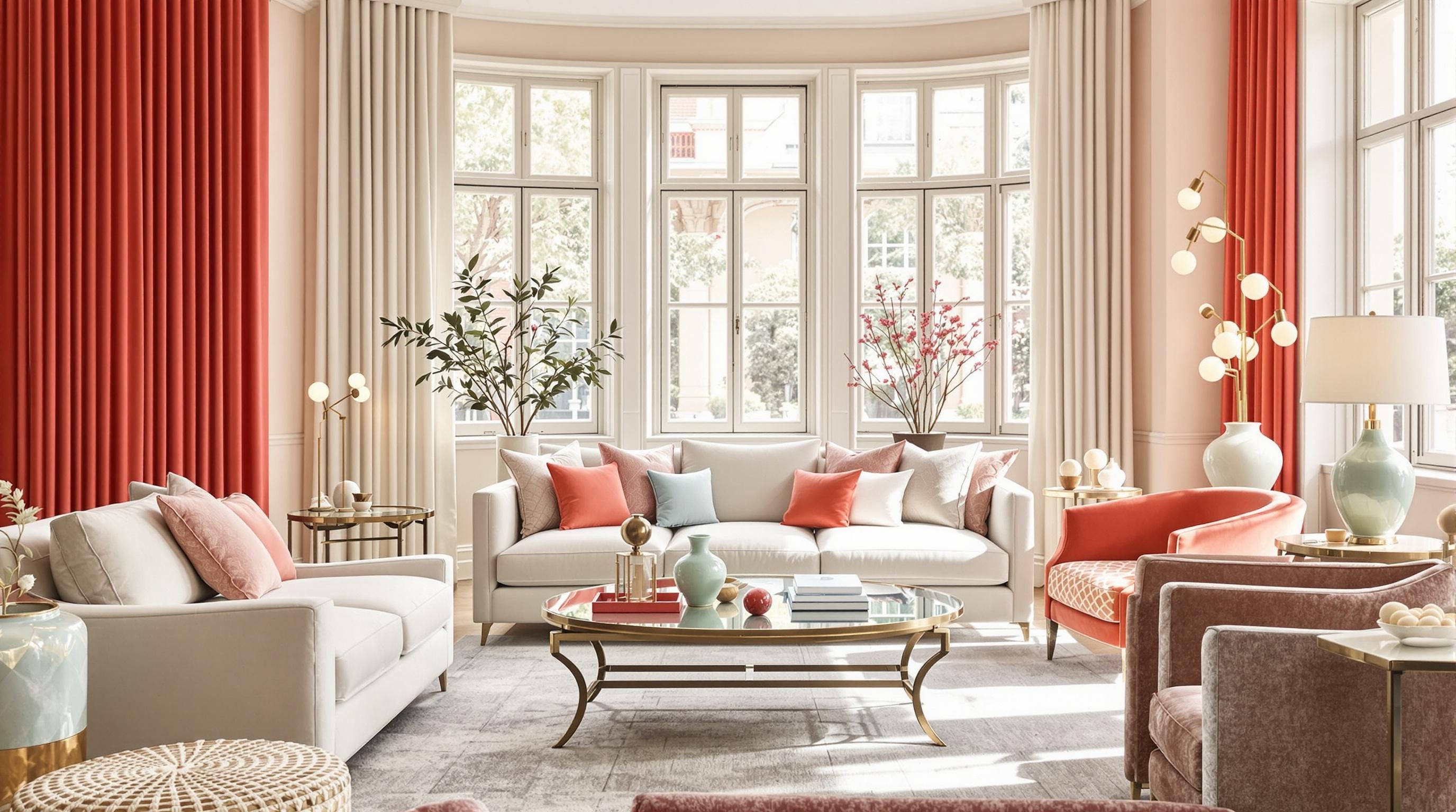 Palette de décoration contemporaine : corail associé à des neutres et des pastels tendance