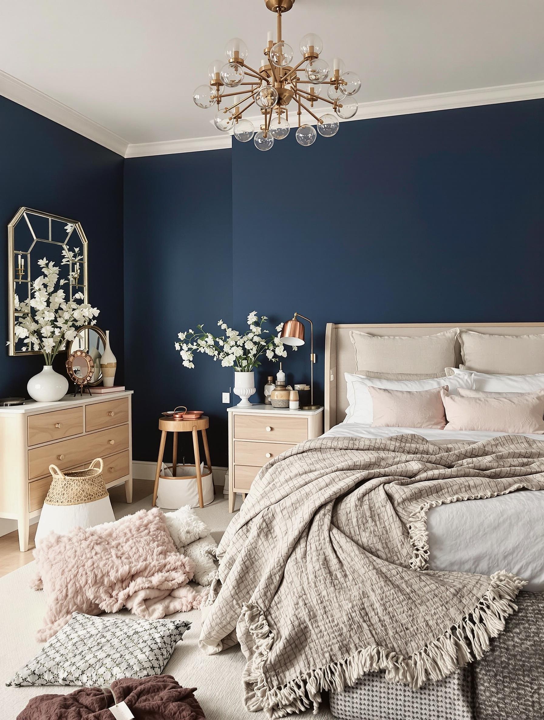 Palette élégante pour chambre à coucher avec murs bleu profond, neutres beige et grège, et accessoires cuivrés.