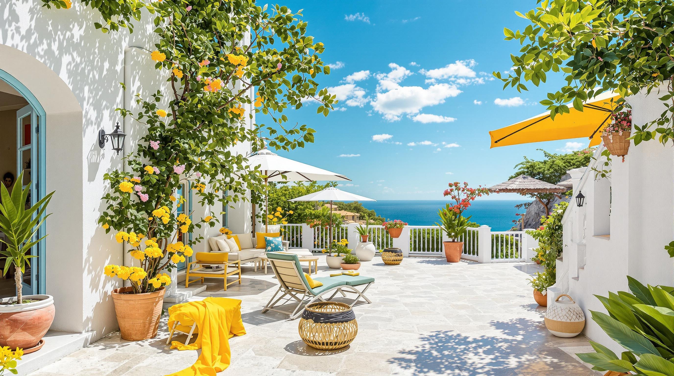 Palette de couleurs French Riviera avec nuances de bleu, blanc et accents vitaminés.