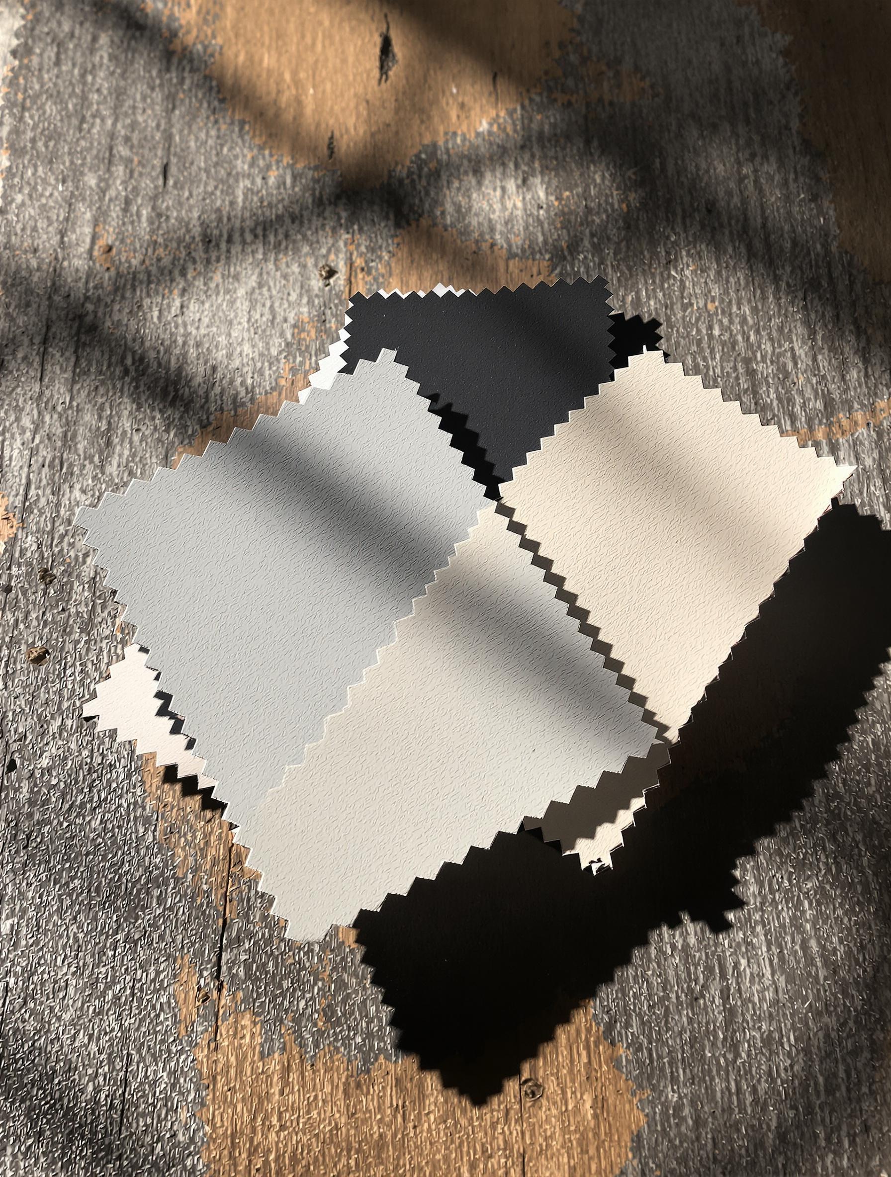 Palette de trois échantillons de peinture gris, noir et blanc cassé sur un établi brut.