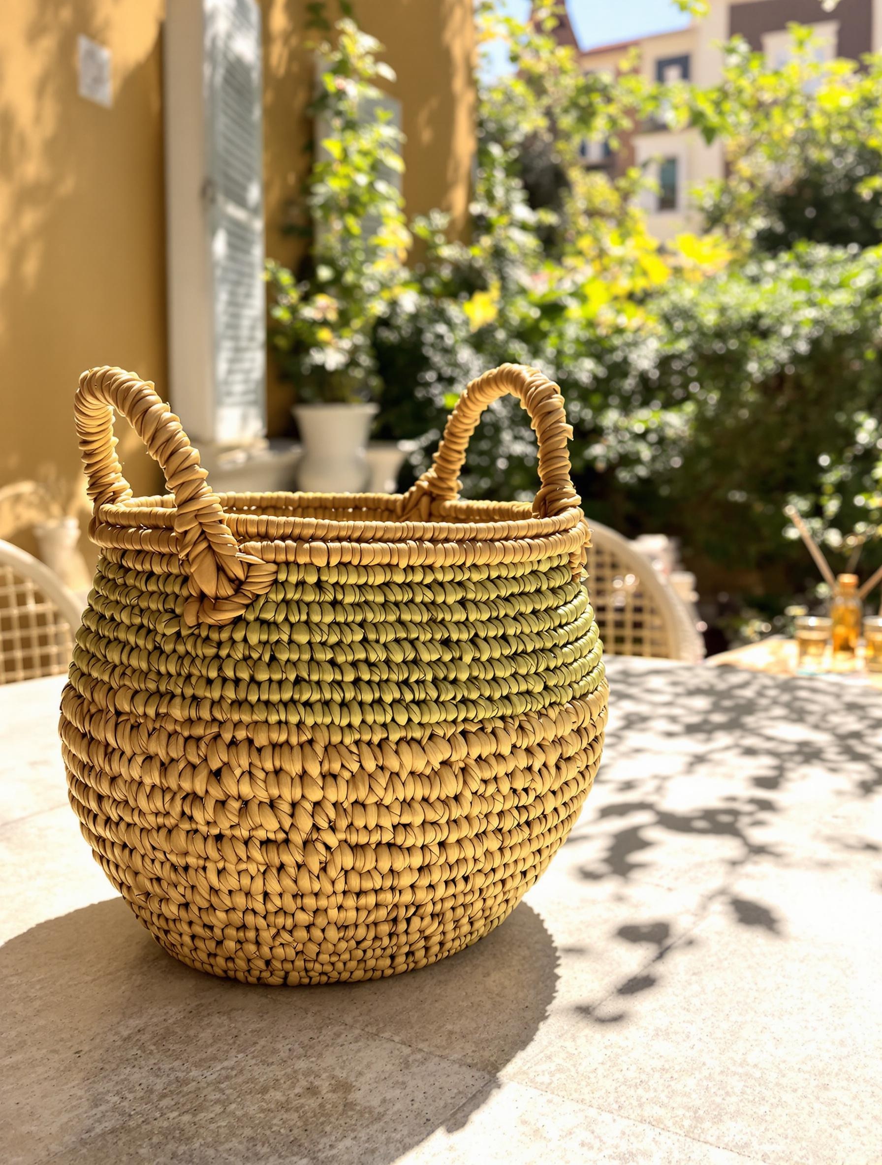 Panier tressé artisanal en ocre et vert olive sur une table en calcaire, style French Riviera.