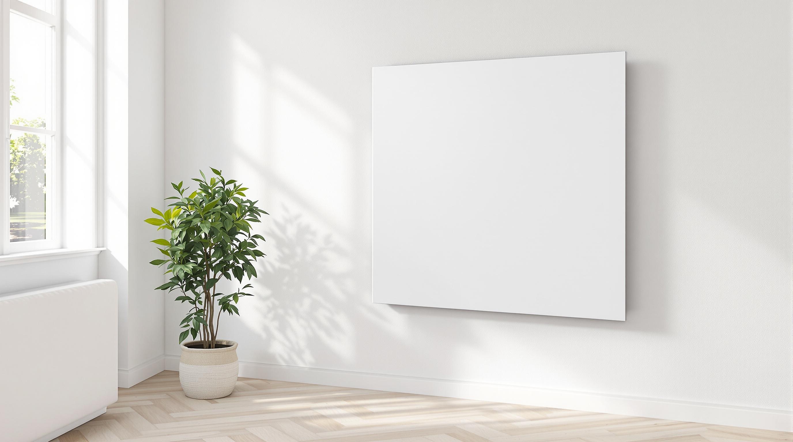 Panneau rayonnant ultra-plat mural blanc d’aspect tableau d’art contemporain, ambiance minimaliste lumineuse.