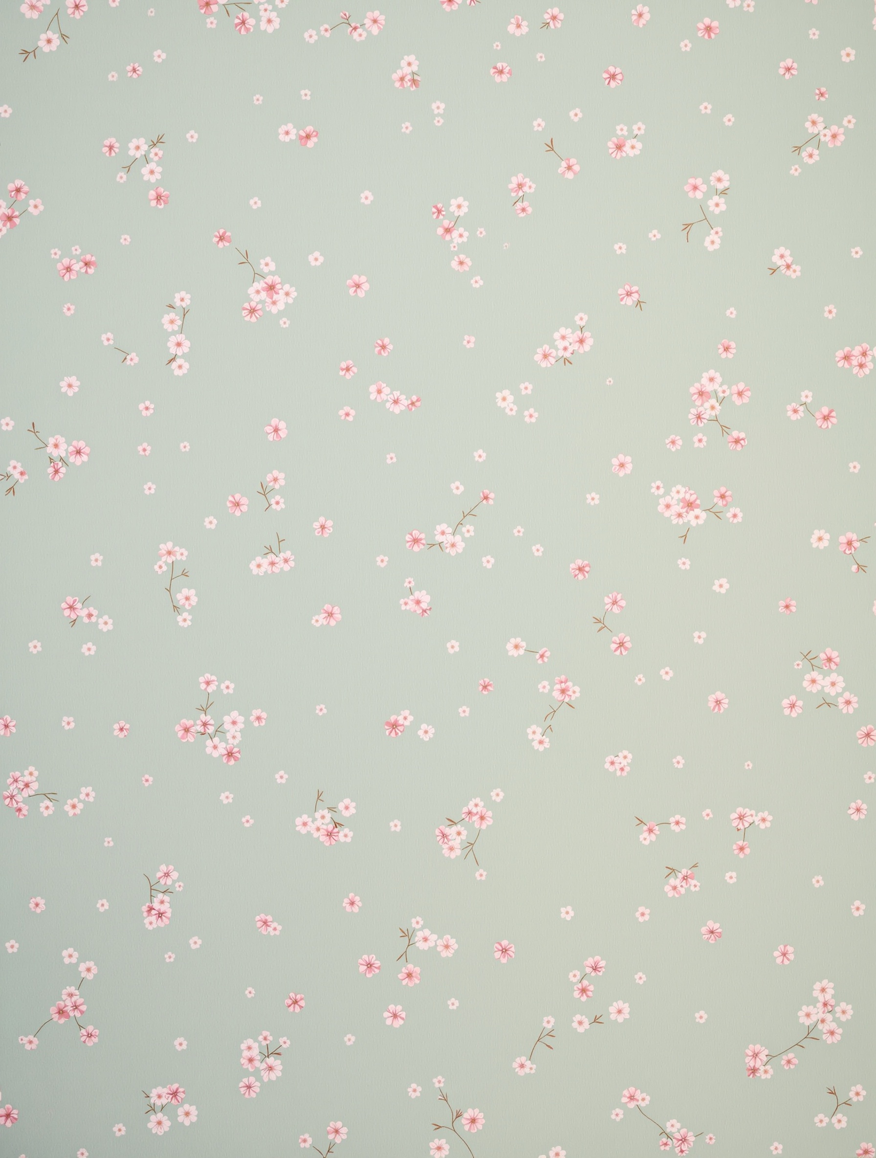 papier peint floral années 50 petites fleurs cerisier rose vert eau