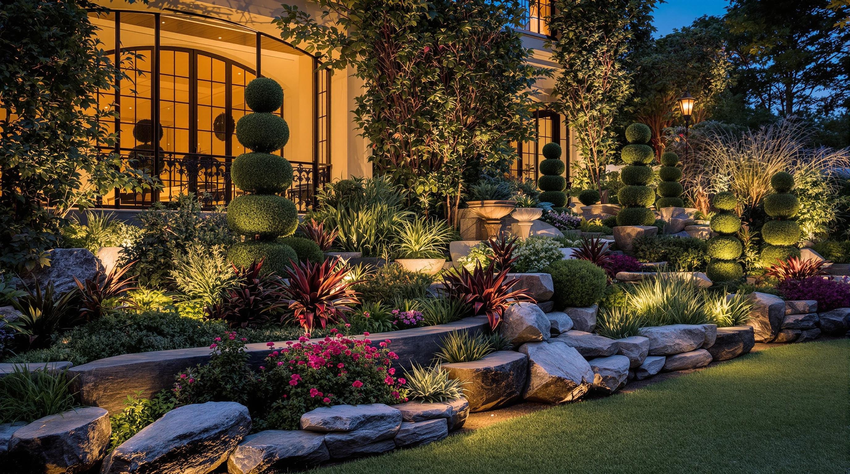 Inspiration pour un parterre éclectique avec lumière sophistiquée devant une maison